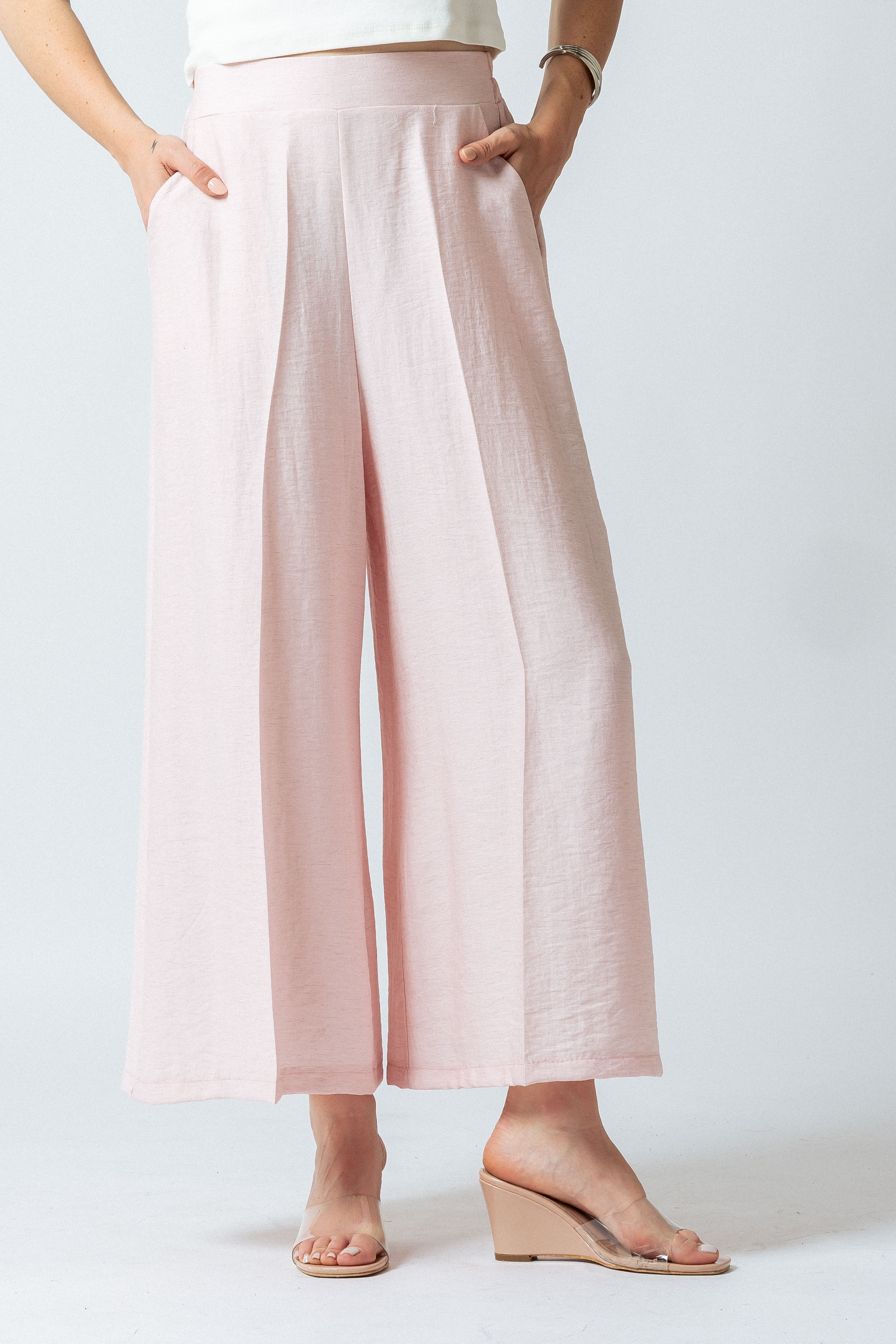 Pantaloni ampi alla caviglia misto lino|Colore:Rosa