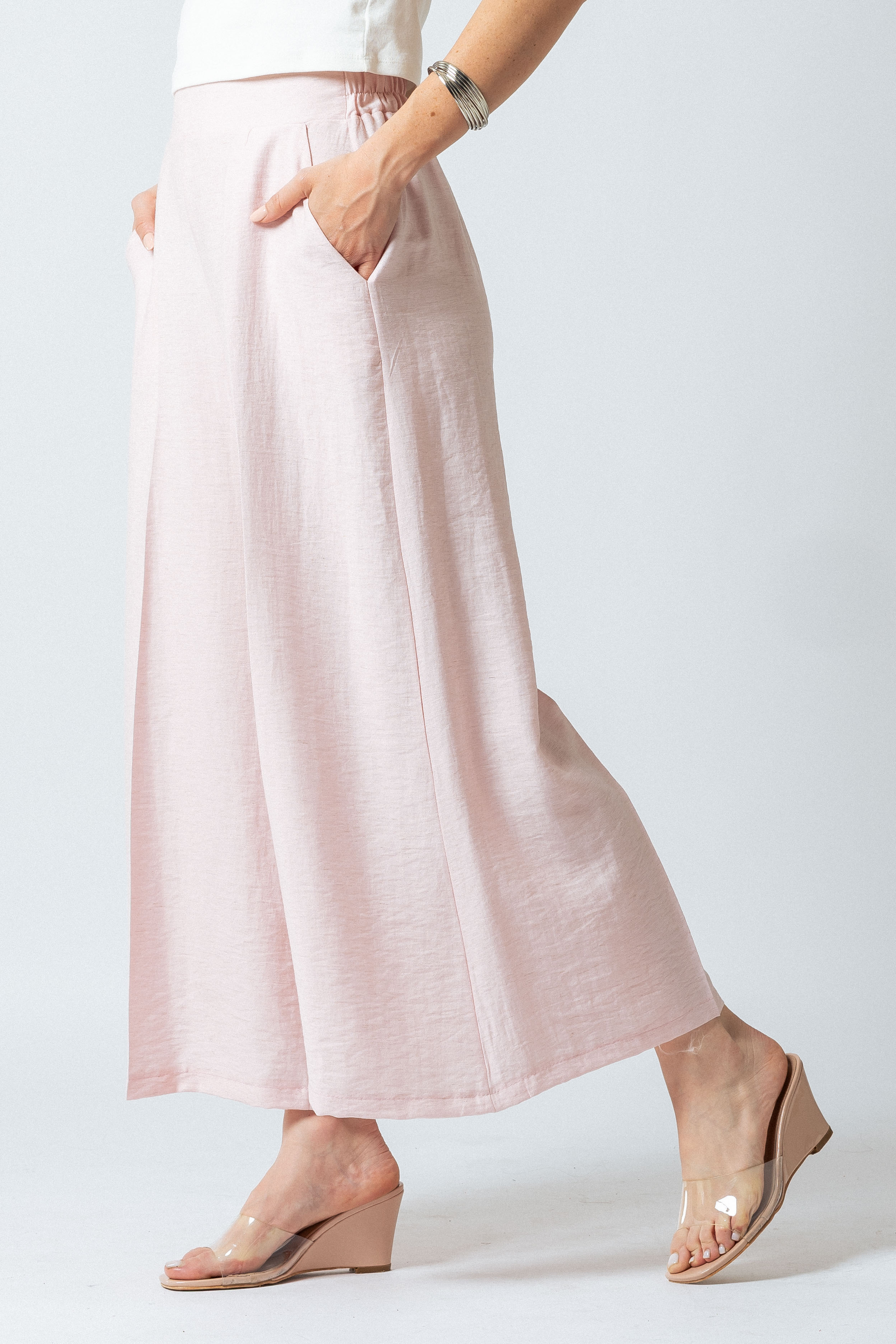 Pantaloni ampi alla caviglia misto lino|Colore:Rosa