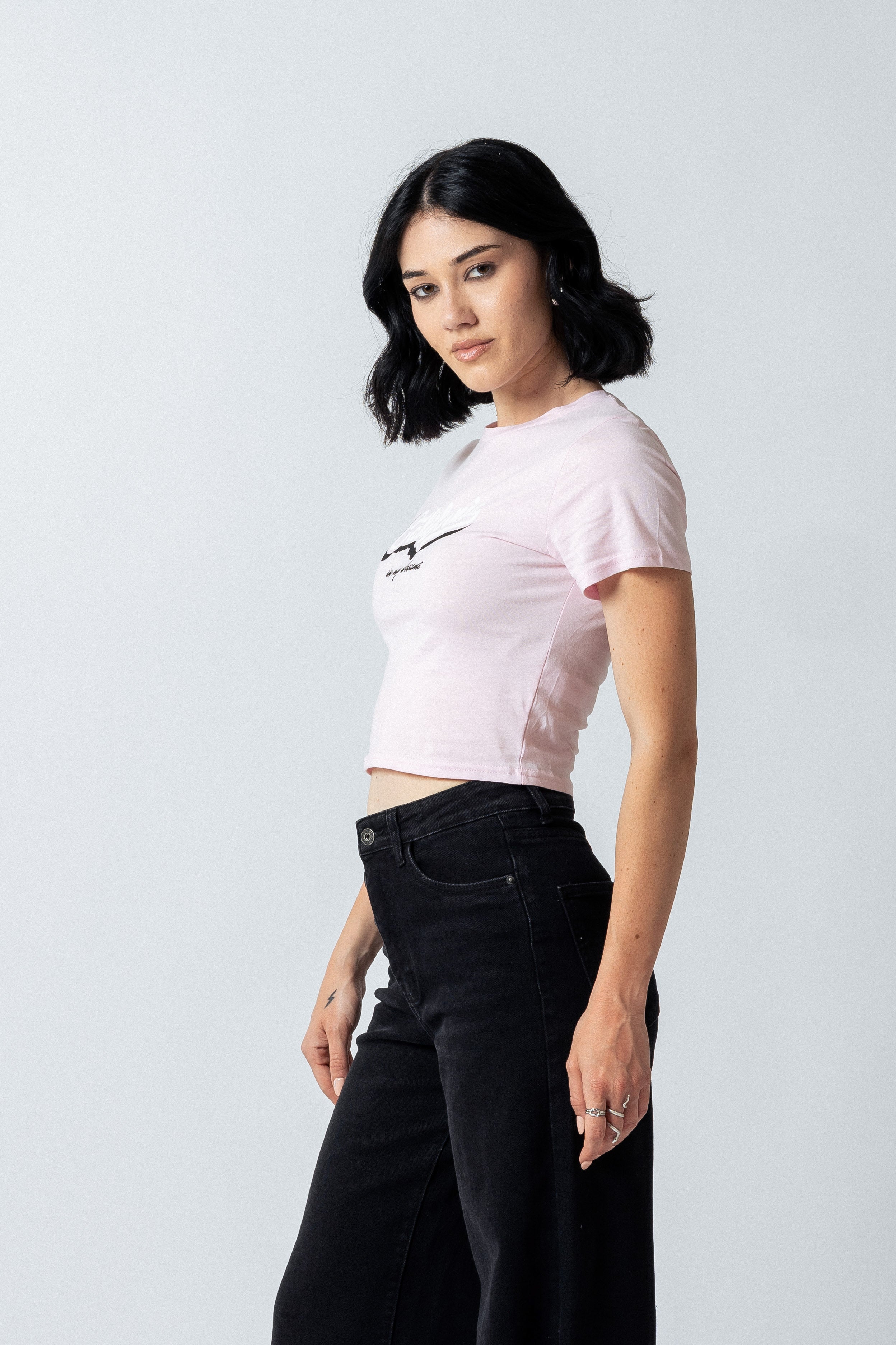 T-Shirt crop con stampa|Colore:Rosa chiaro