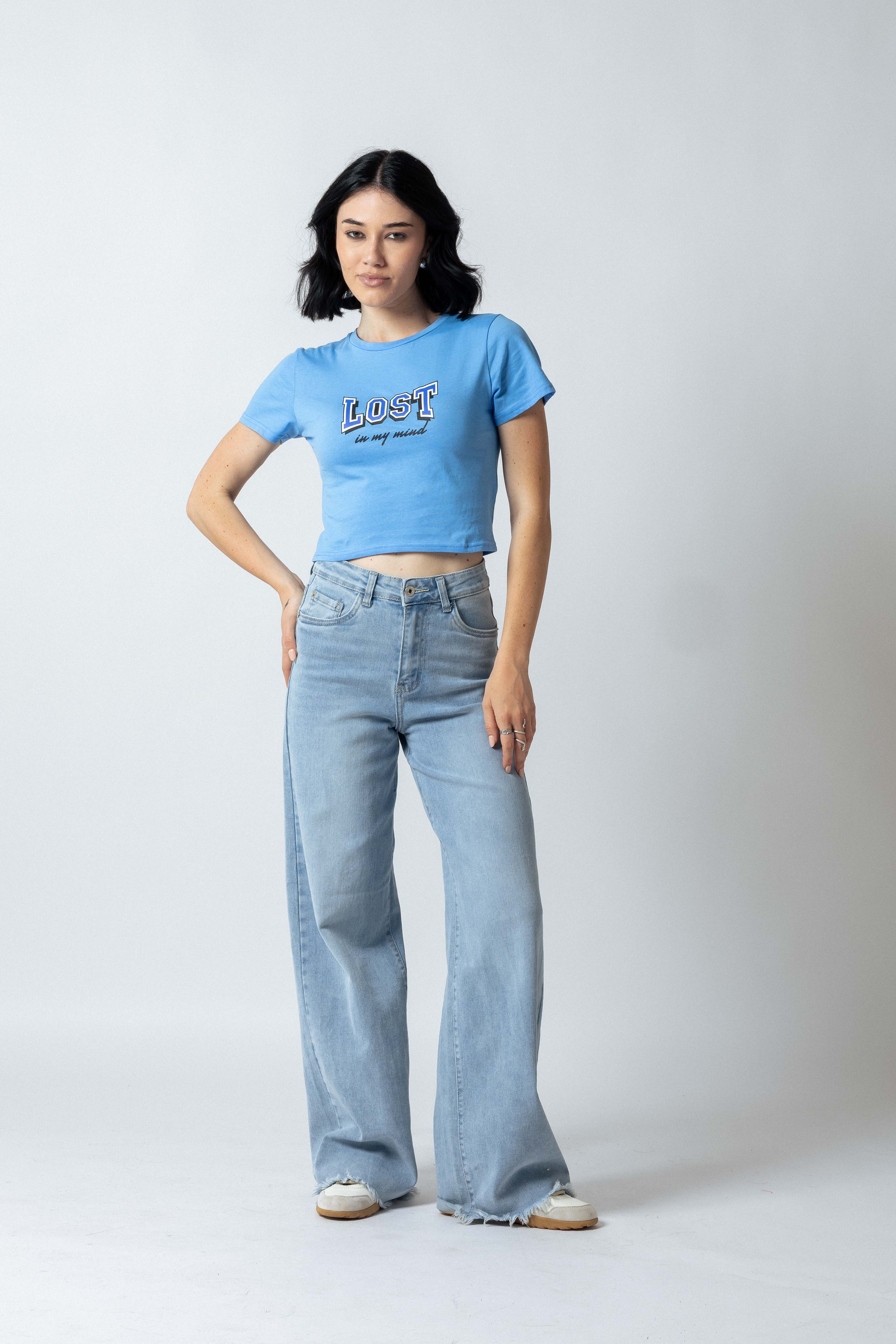 T-Shirt crop con stampa|Colore:Celeste