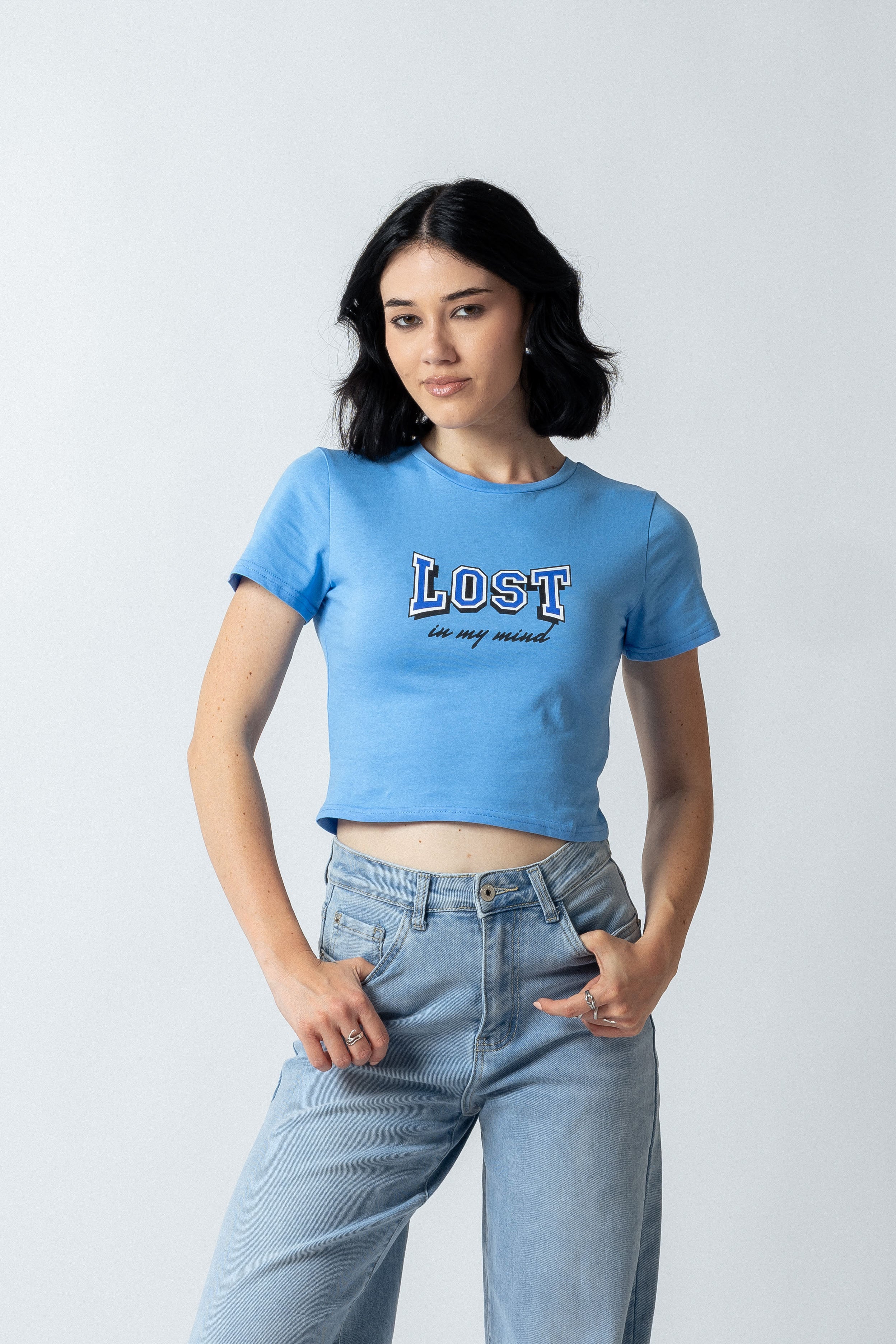 T-Shirt crop con stampa|Colore:Celeste