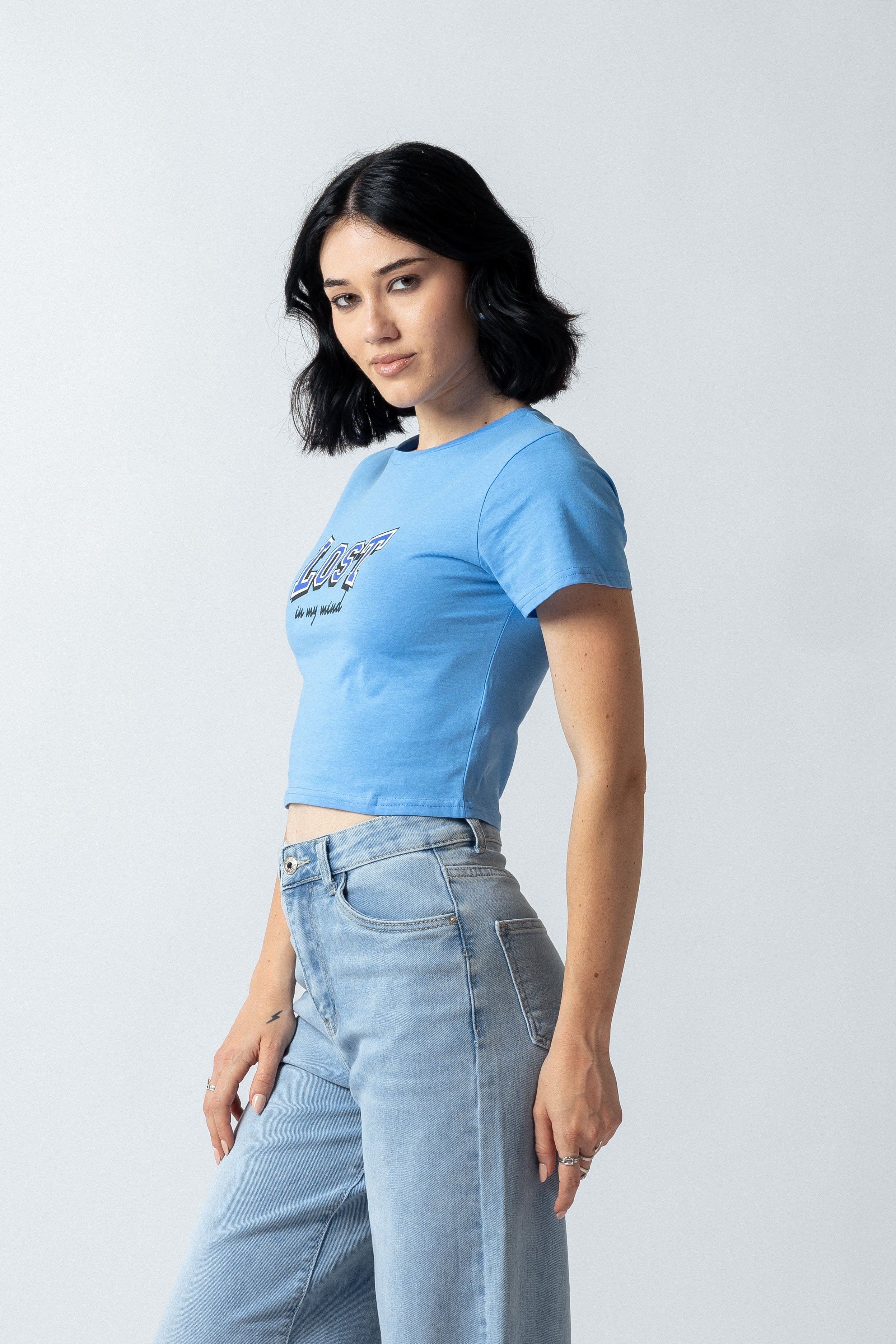 T-Shirt crop con stampa|Colore:Celeste