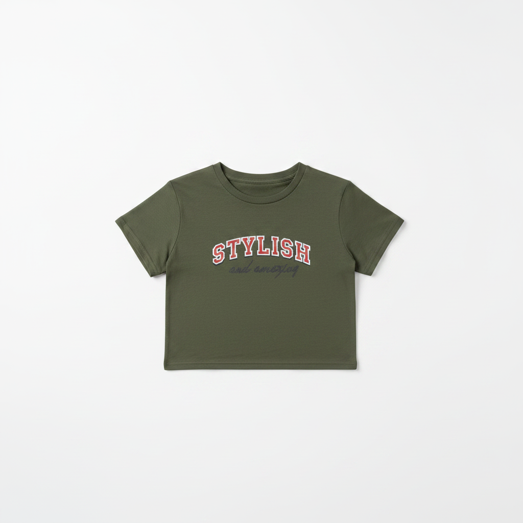 T-Shirt crop con stampa|Colore:Verde militare