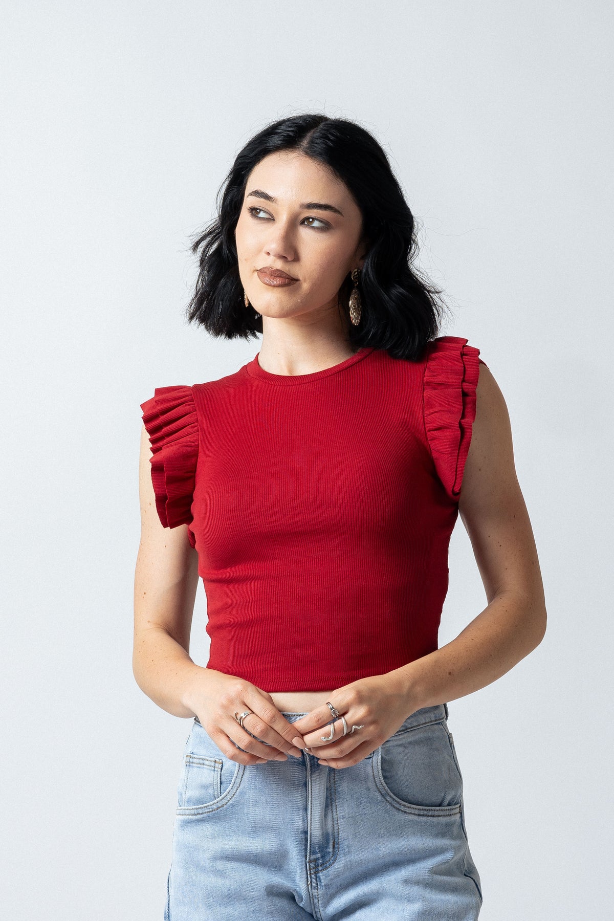 Top maniche con balze|Colore:Rosso india