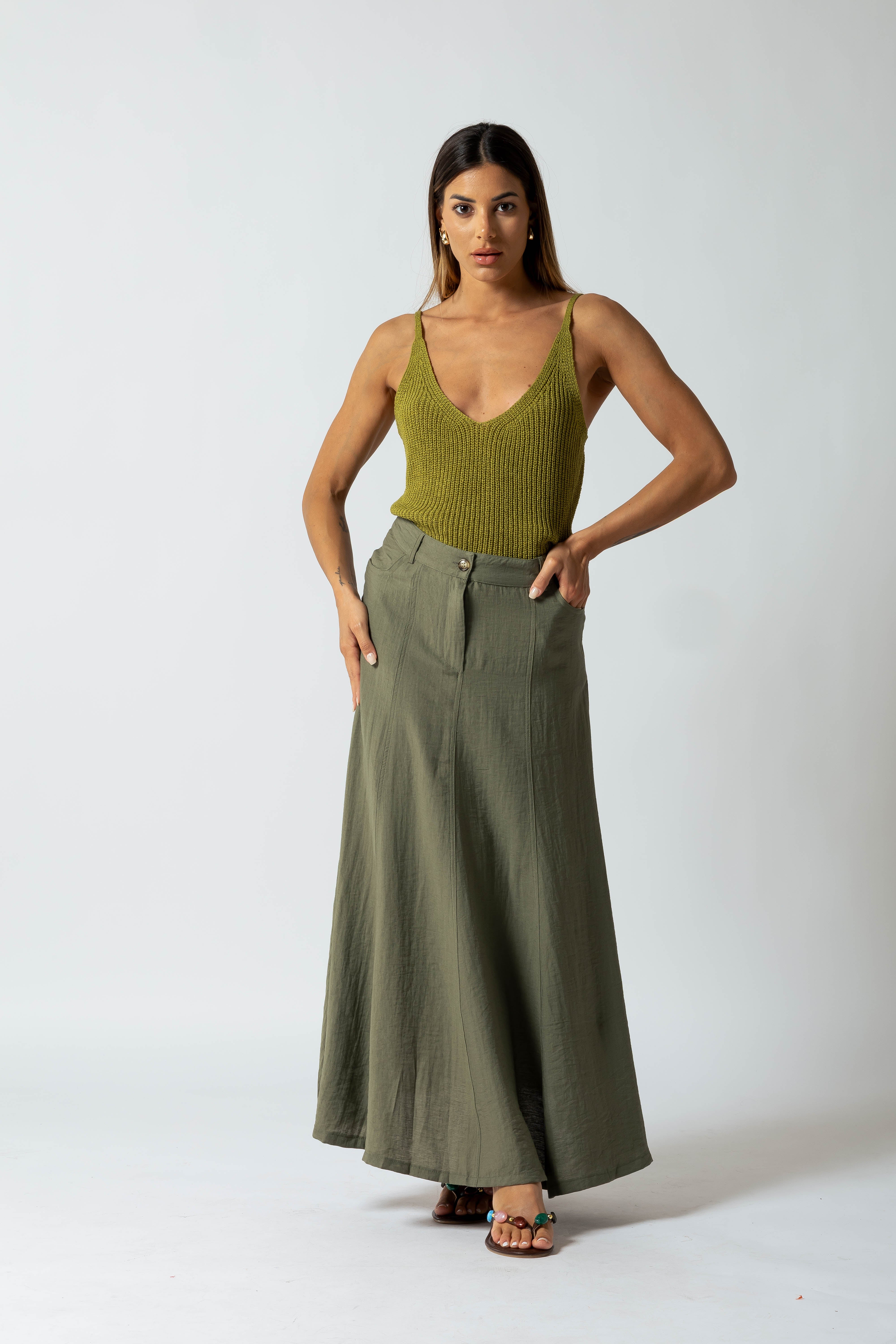 Gonna 5 tasche tessuto effetto lino|Colore:Verde