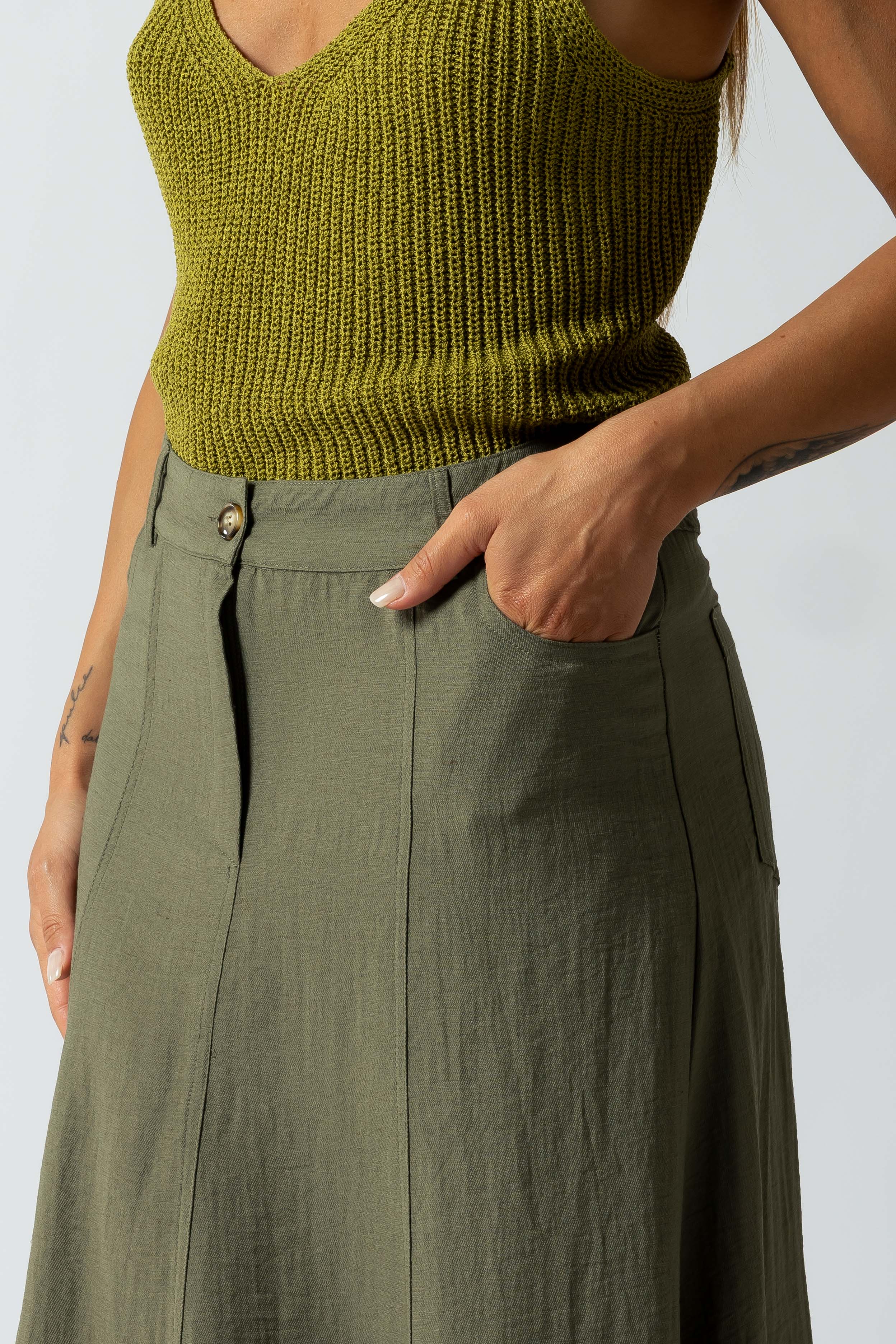 Gonna 5 tasche tessuto effetto lino|Colore:Verde