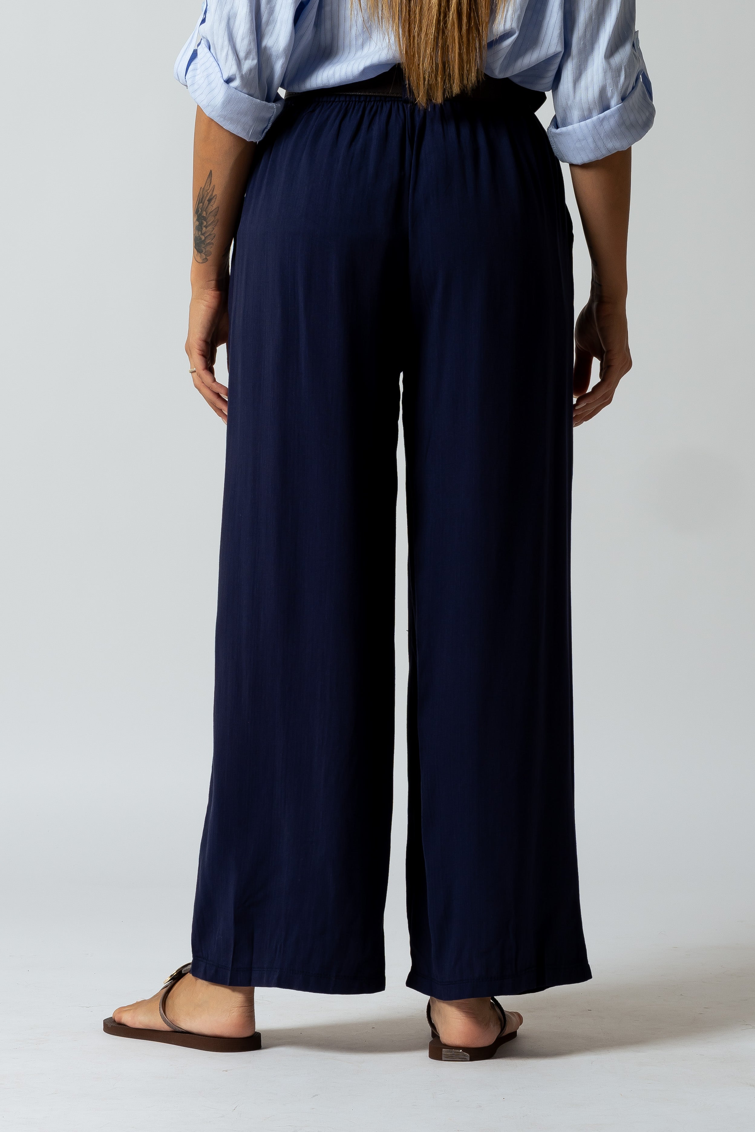 Pantalone effetto lino con cintura|Colore:Blu