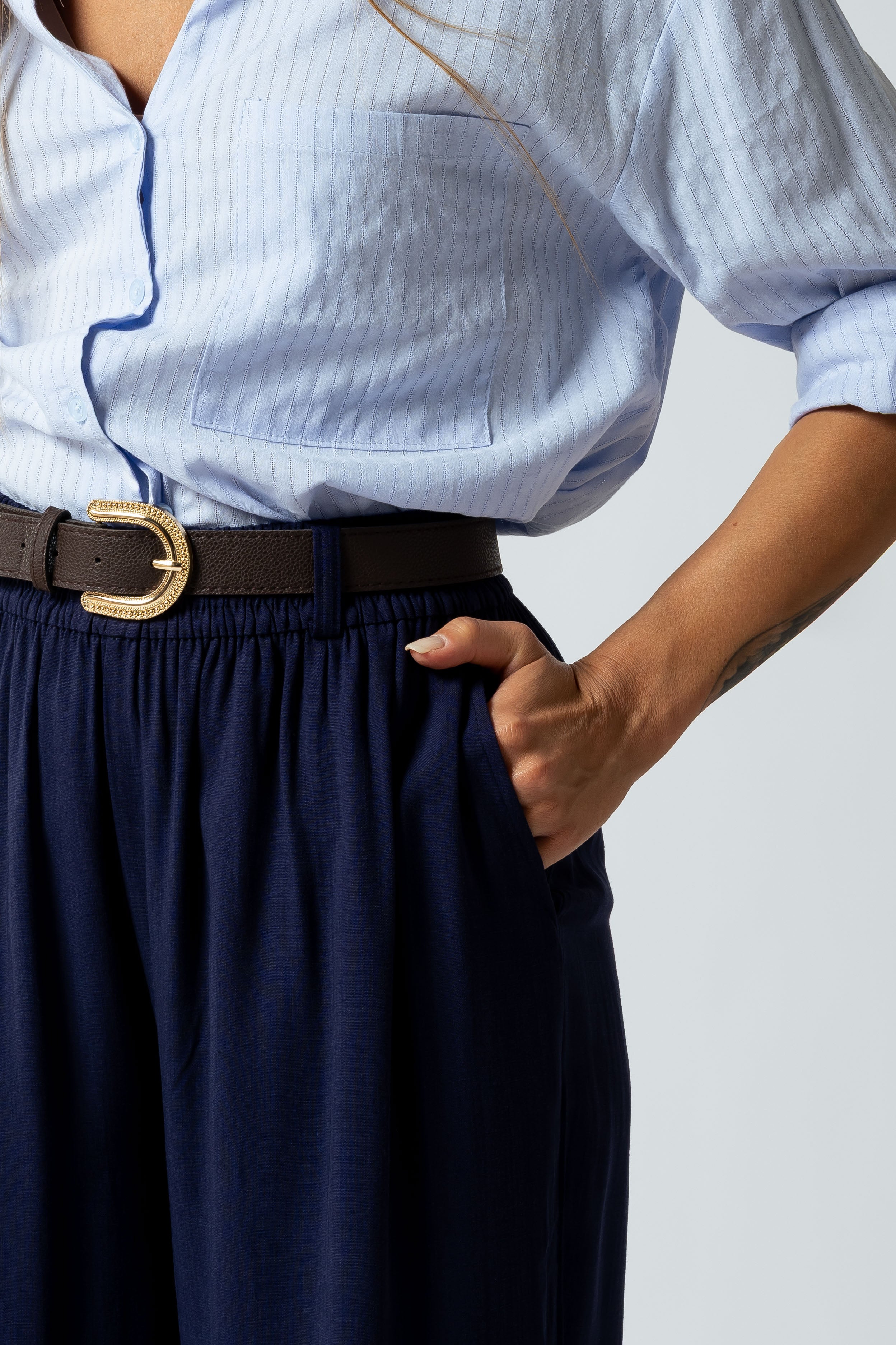 Pantalone effetto lino con cintura|Colore:Blu