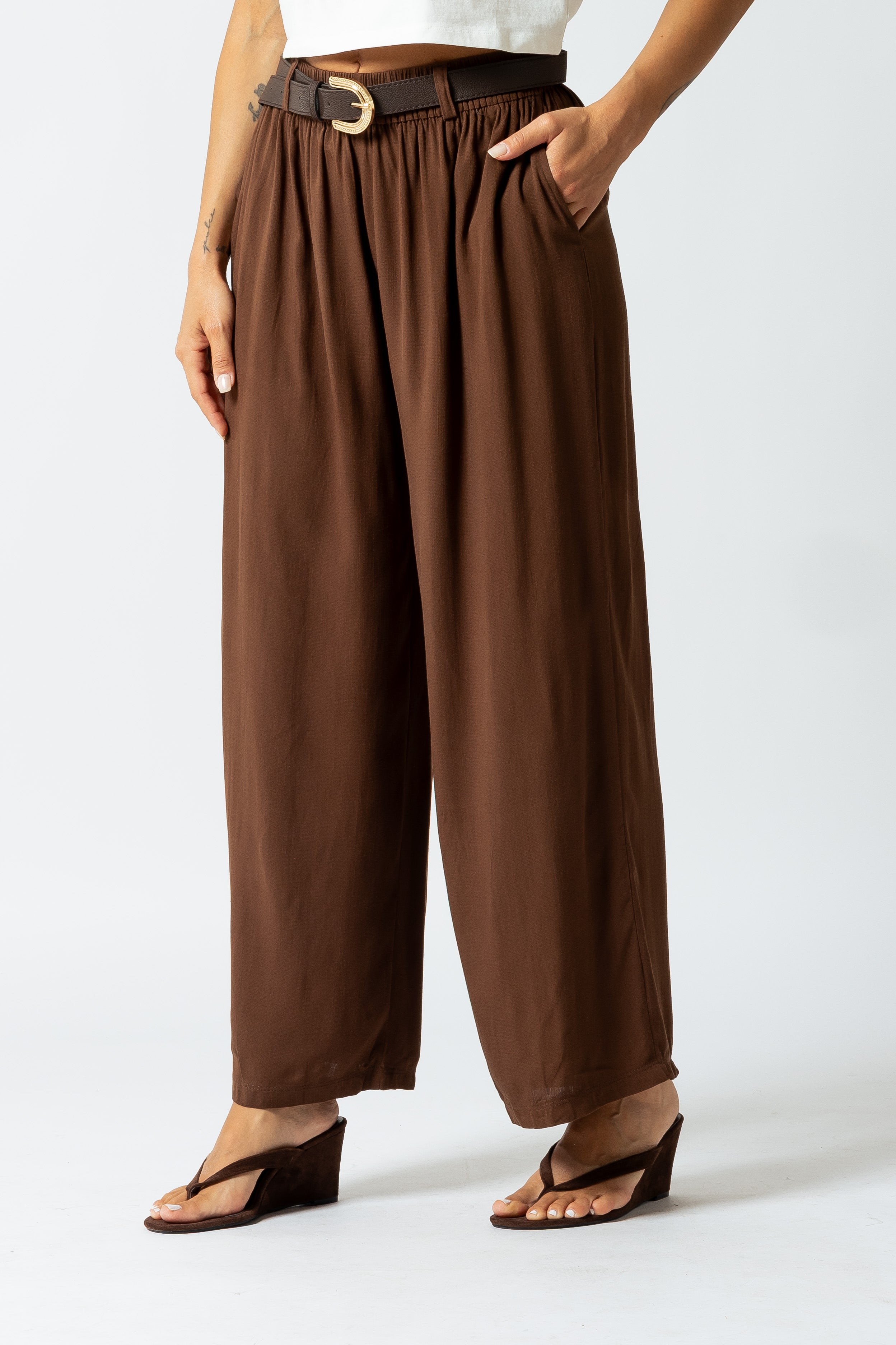 Pantalone effetto lino con cintura|Colore:Caffe