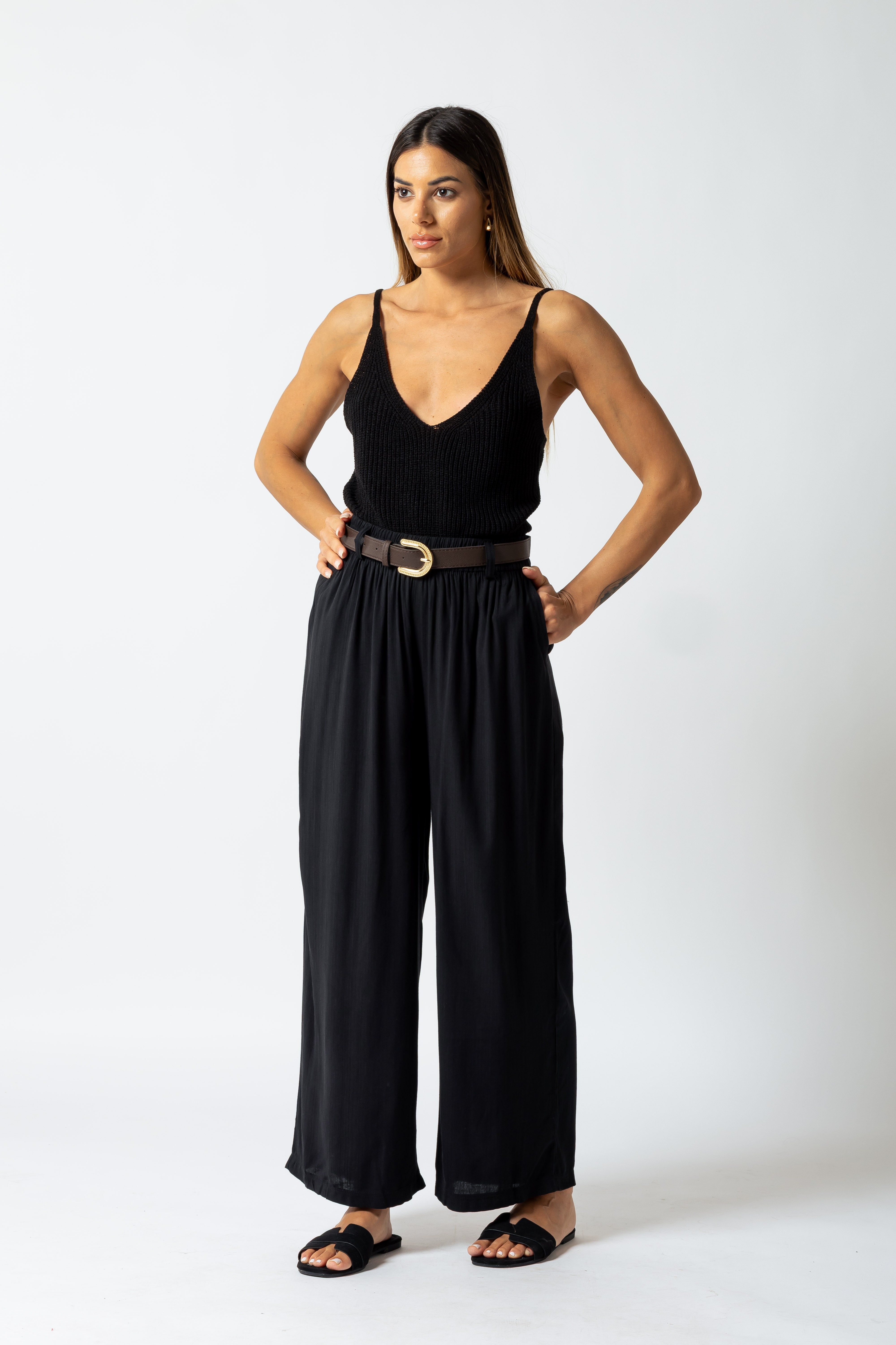 Pantalone effetto lino con cintura|Colore:Nero