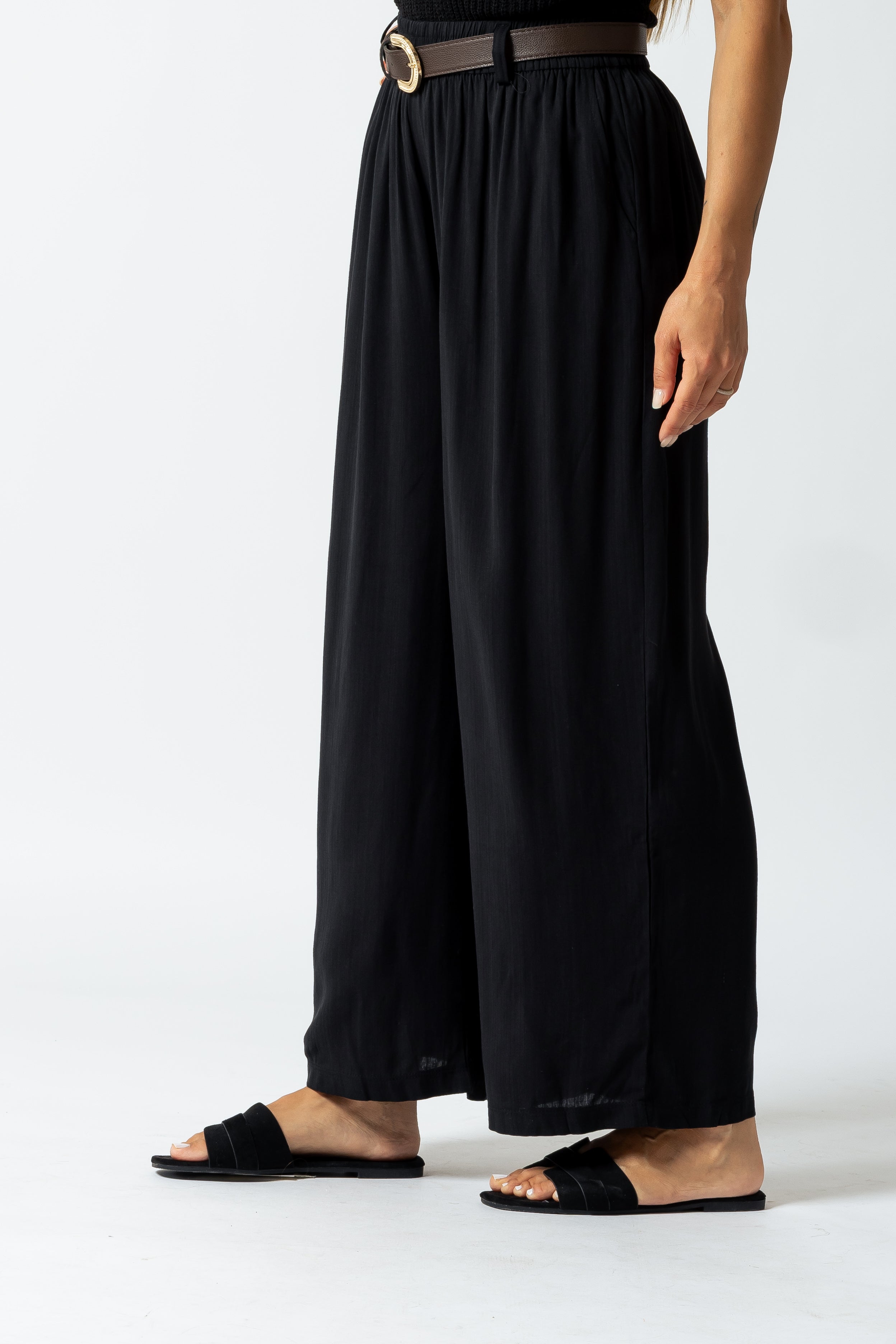 Pantalone effetto lino con cintura|Colore:Nero