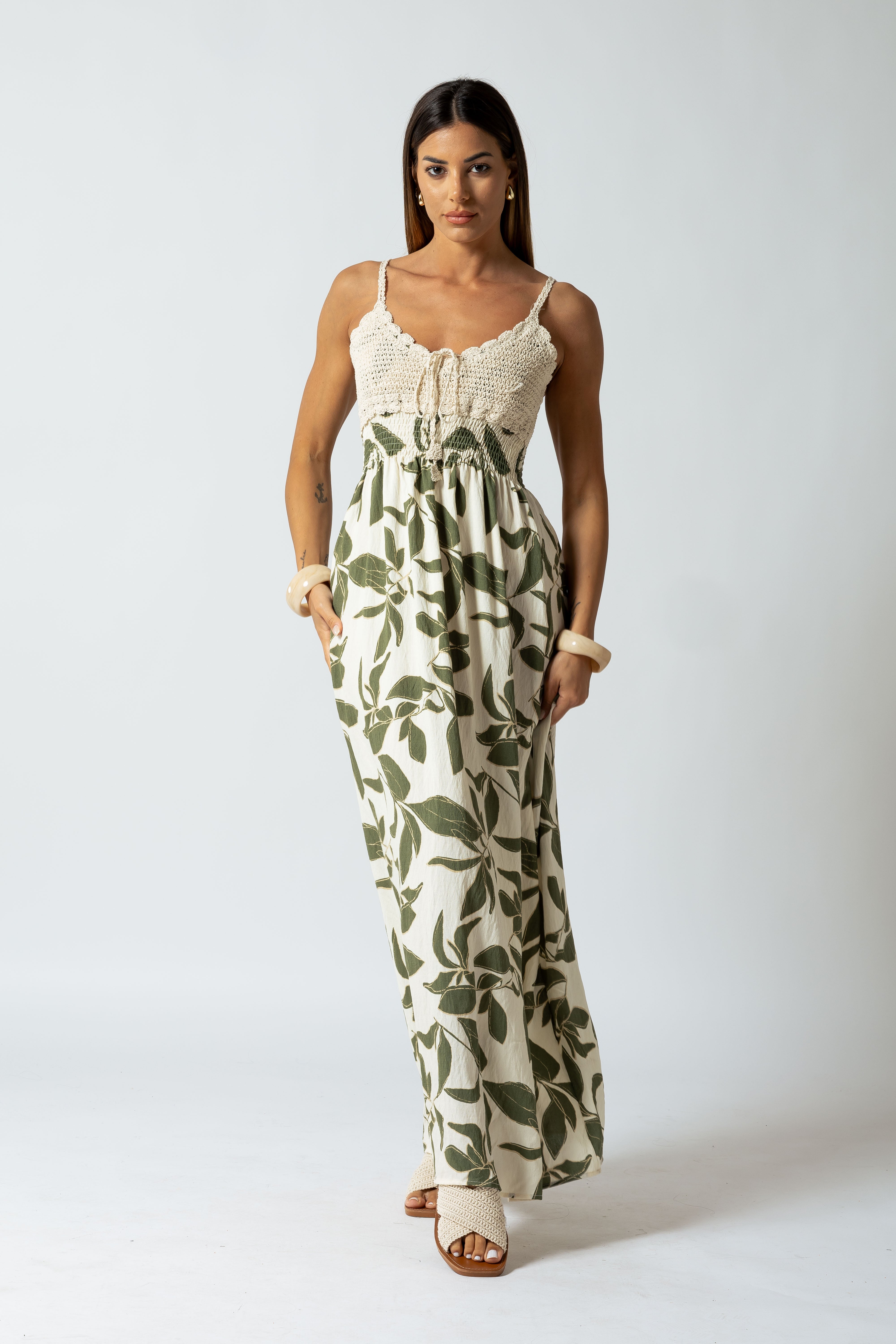 Abito crochet con stampa foglie|Colore:Verde