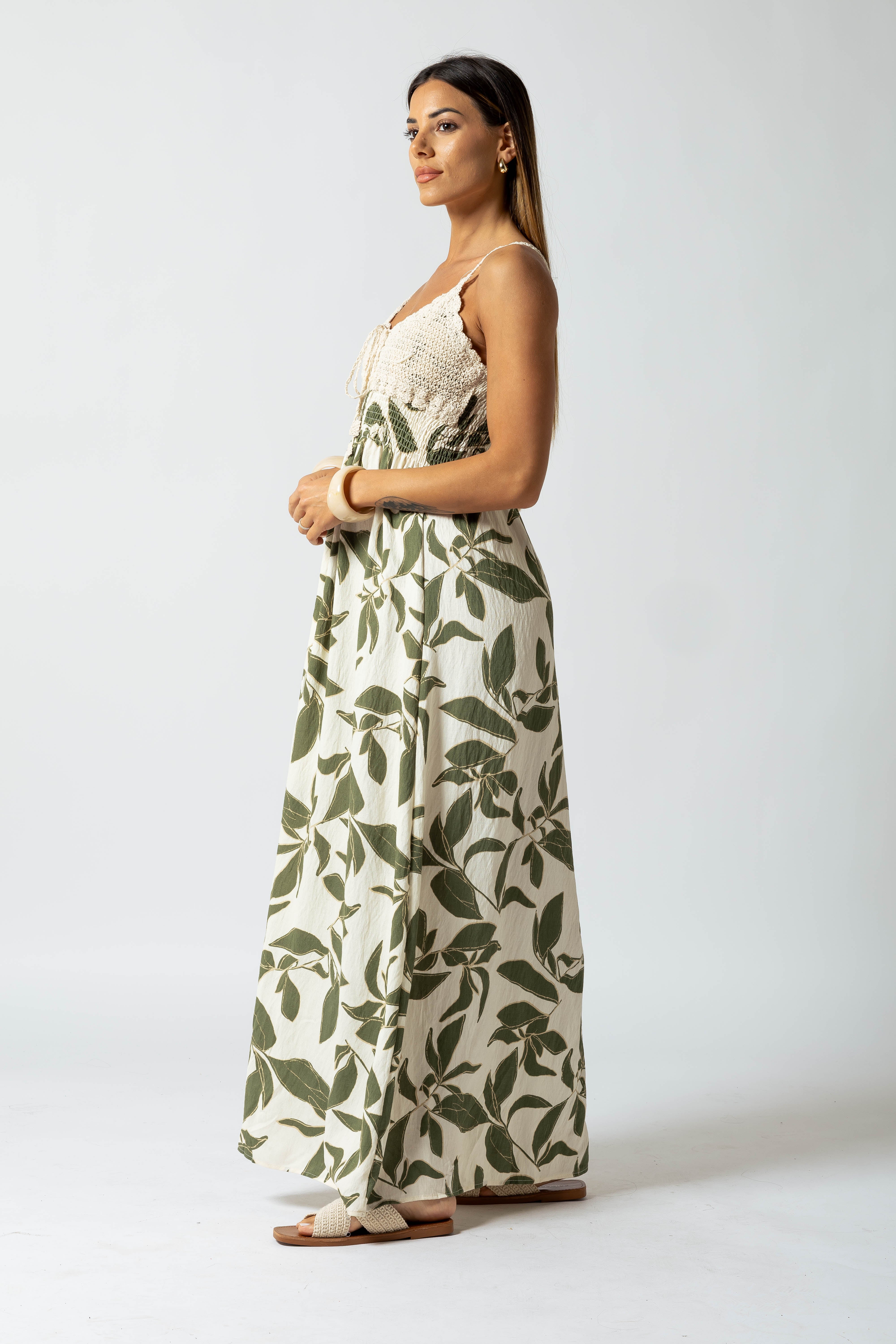 Abito crochet con stampa foglie|Colore:Verde
