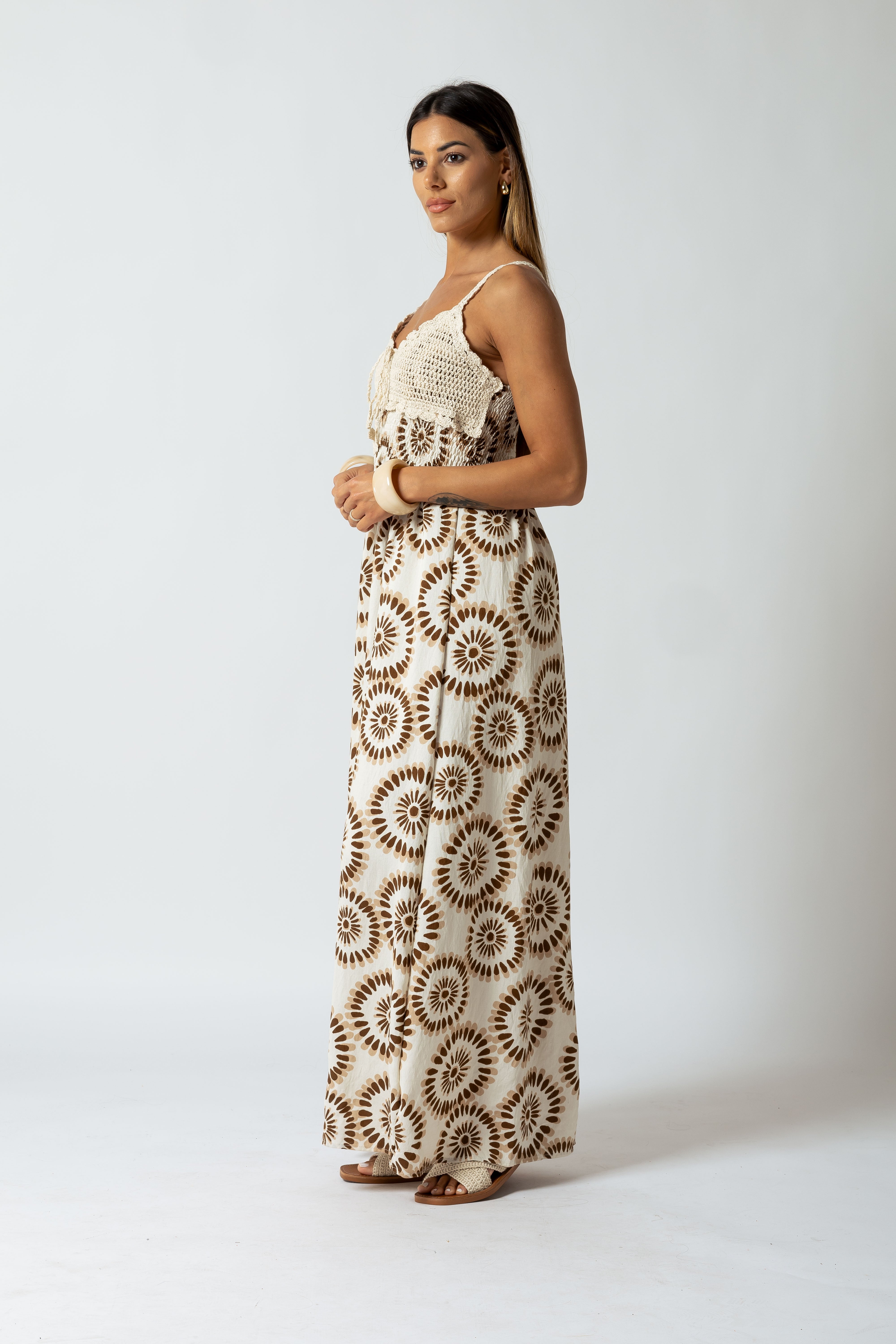 Abito crochet con stampa optical|Colore:Marrone