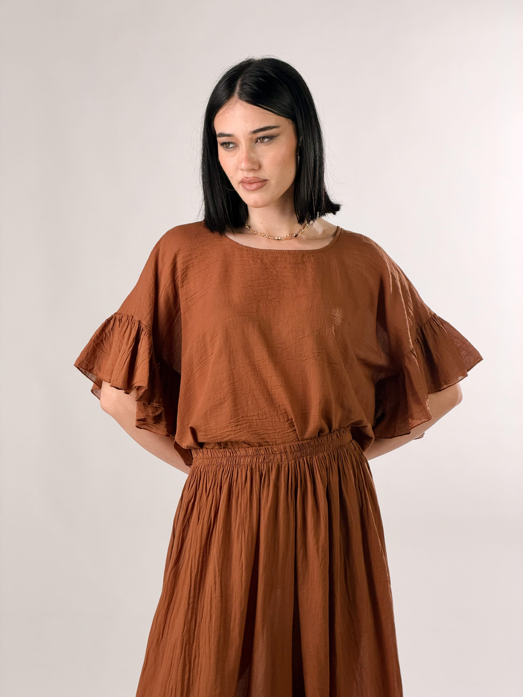 Maglia Paris con maniche a balze|Colore:Tabacco