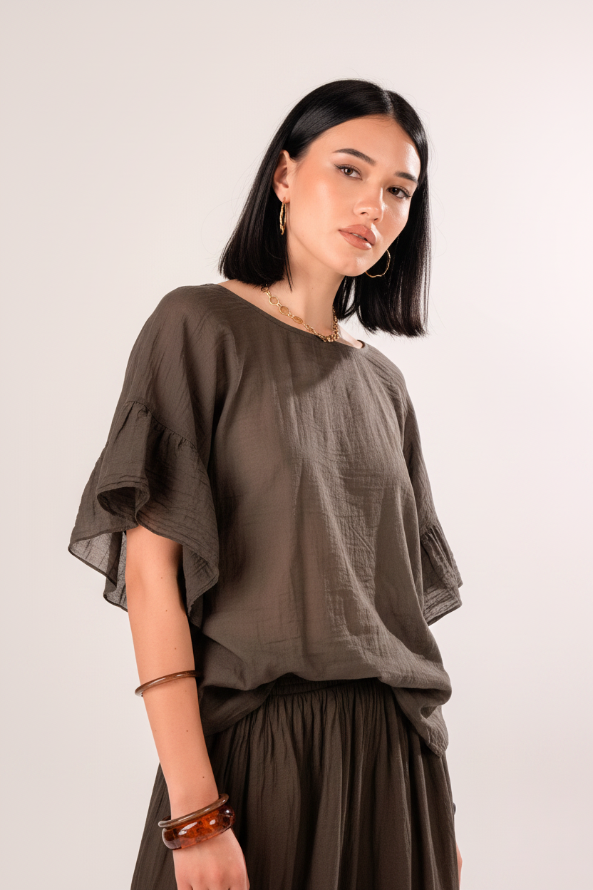 Maglia Paris con maniche a balze|Colore:Marrone