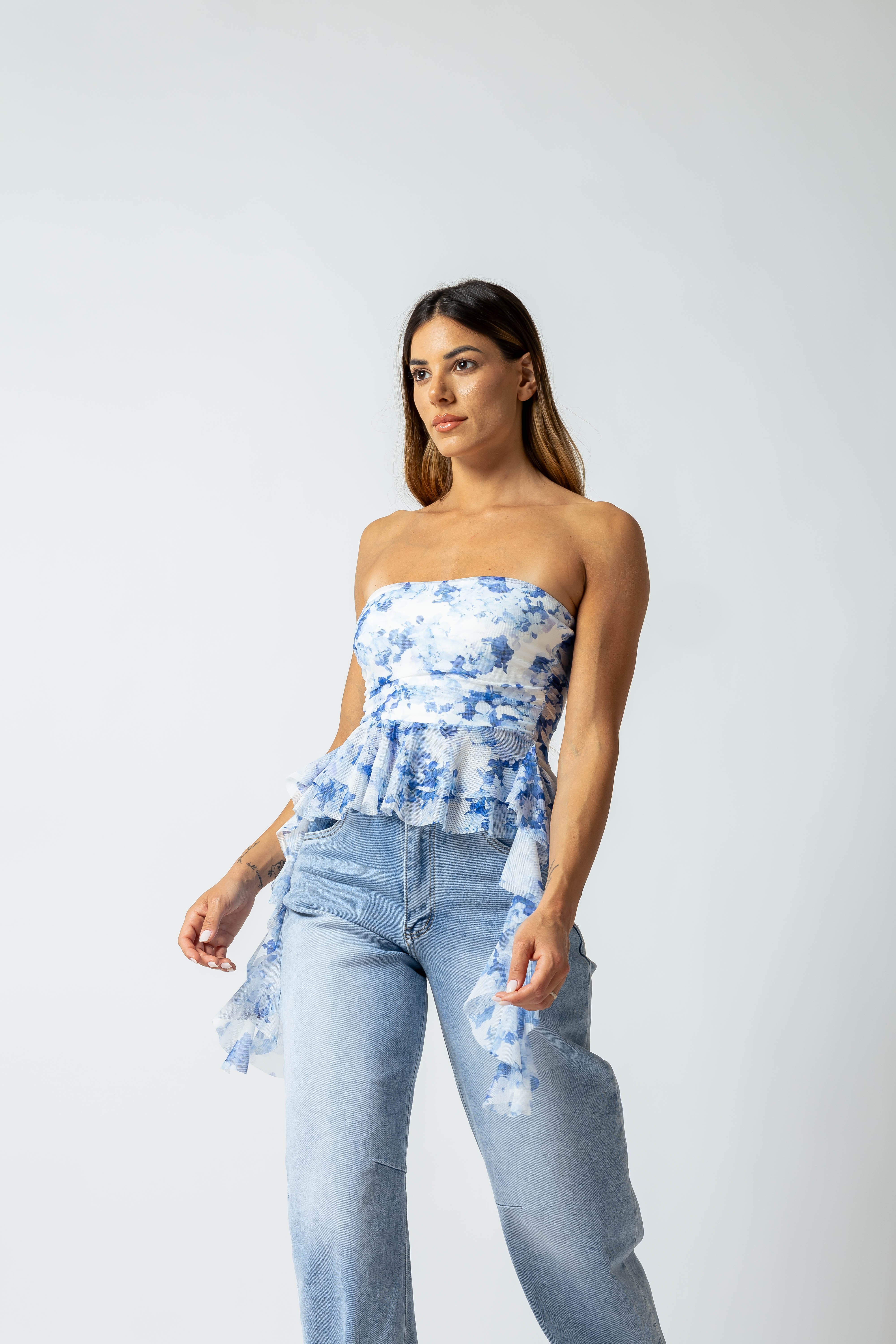 Top a fascia in tulle stampato|Colore:Celeste