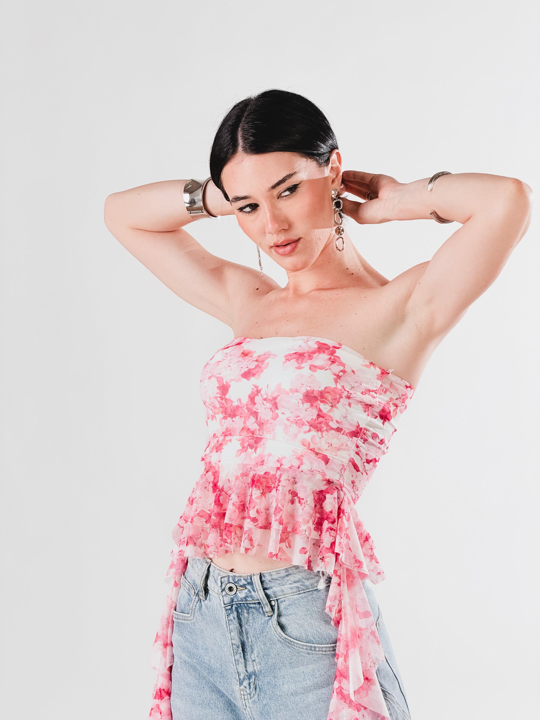 Top a fascia in tulle stampato|Colore:Rosa