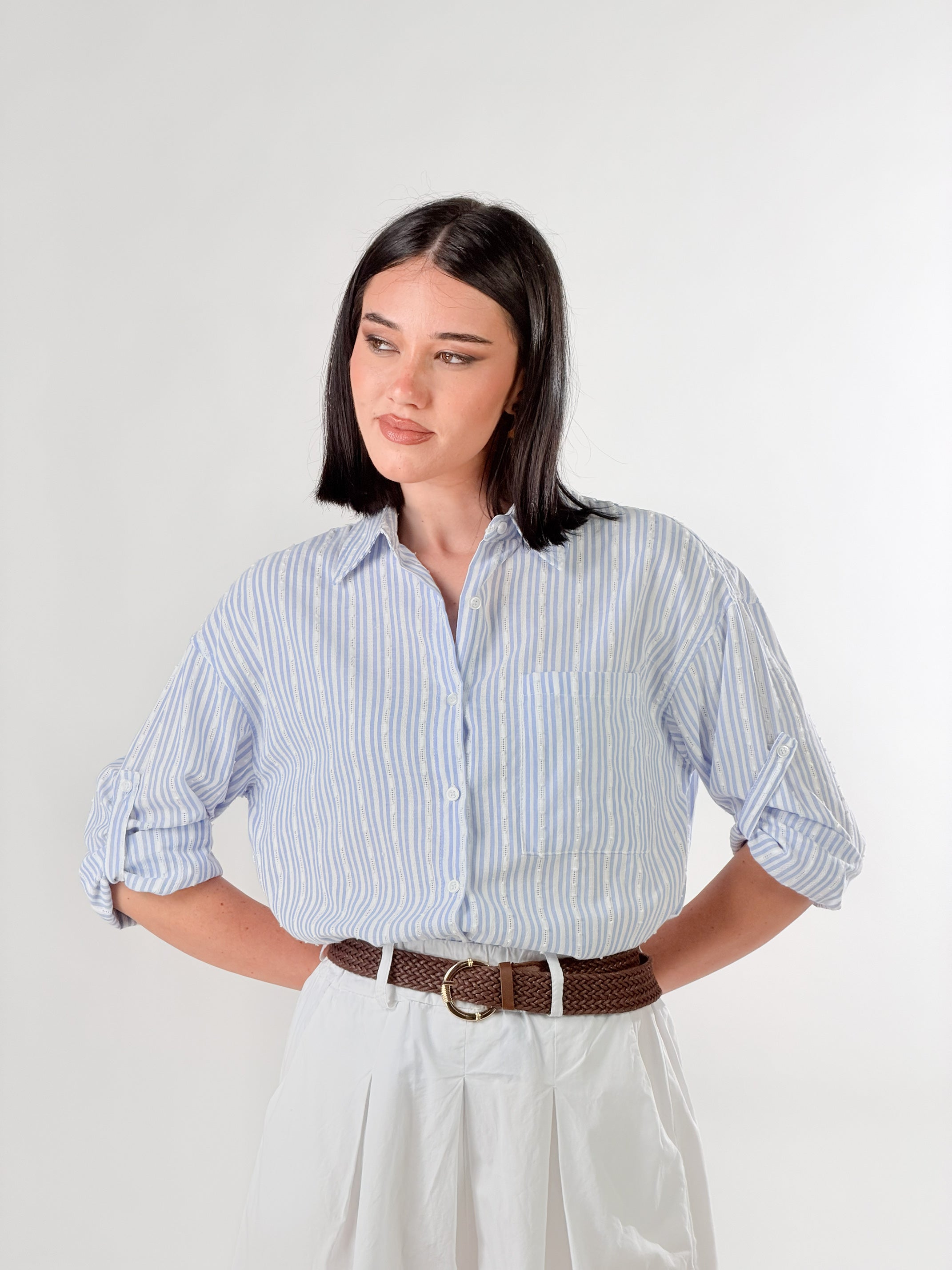 Camicia Oversize  con  ricami geometrici|Colore:Blu chiaro