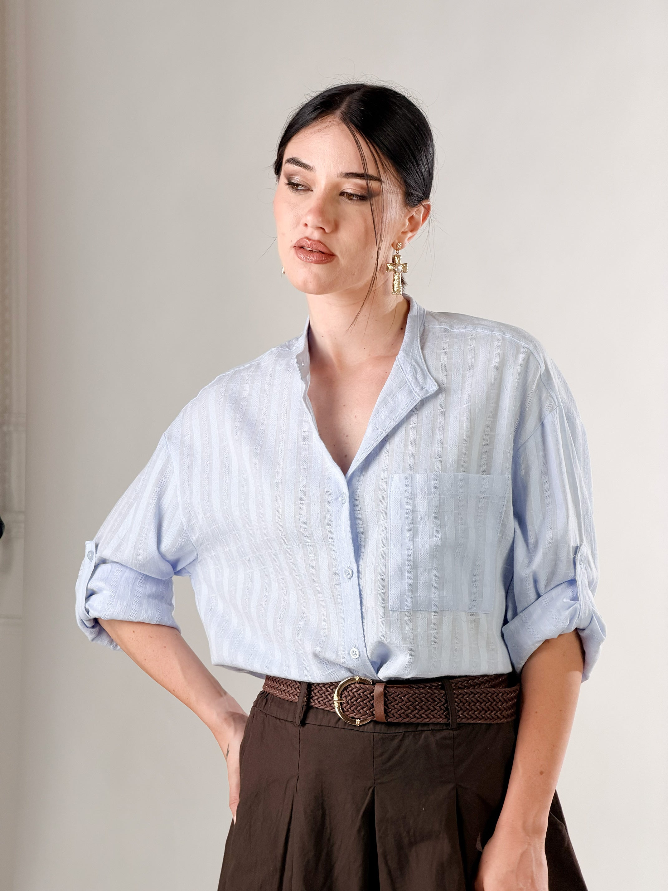 Camicia Coreana con trama |Colore:Azzurro