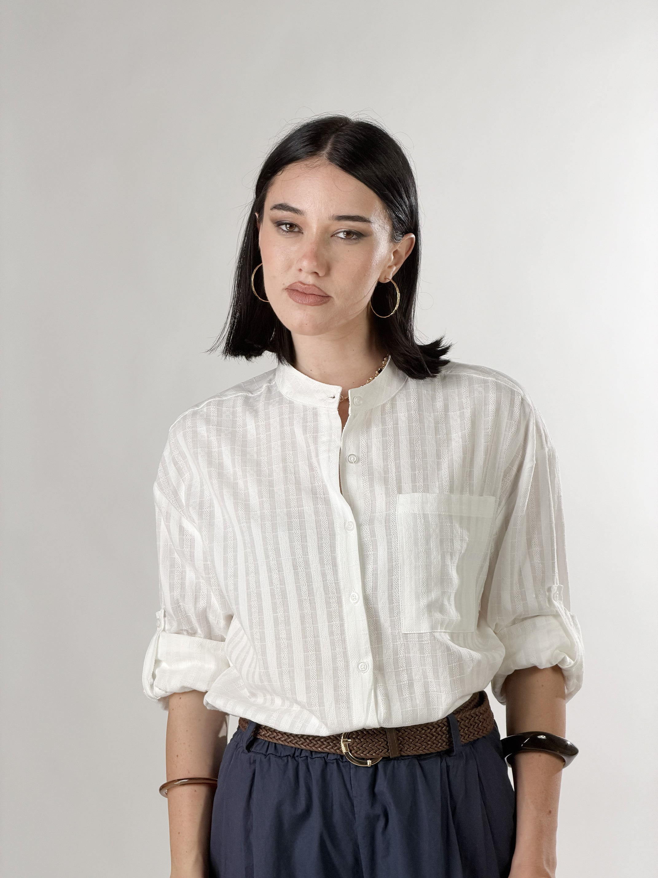 Camicia Coreana con trama |Colore:Bianco