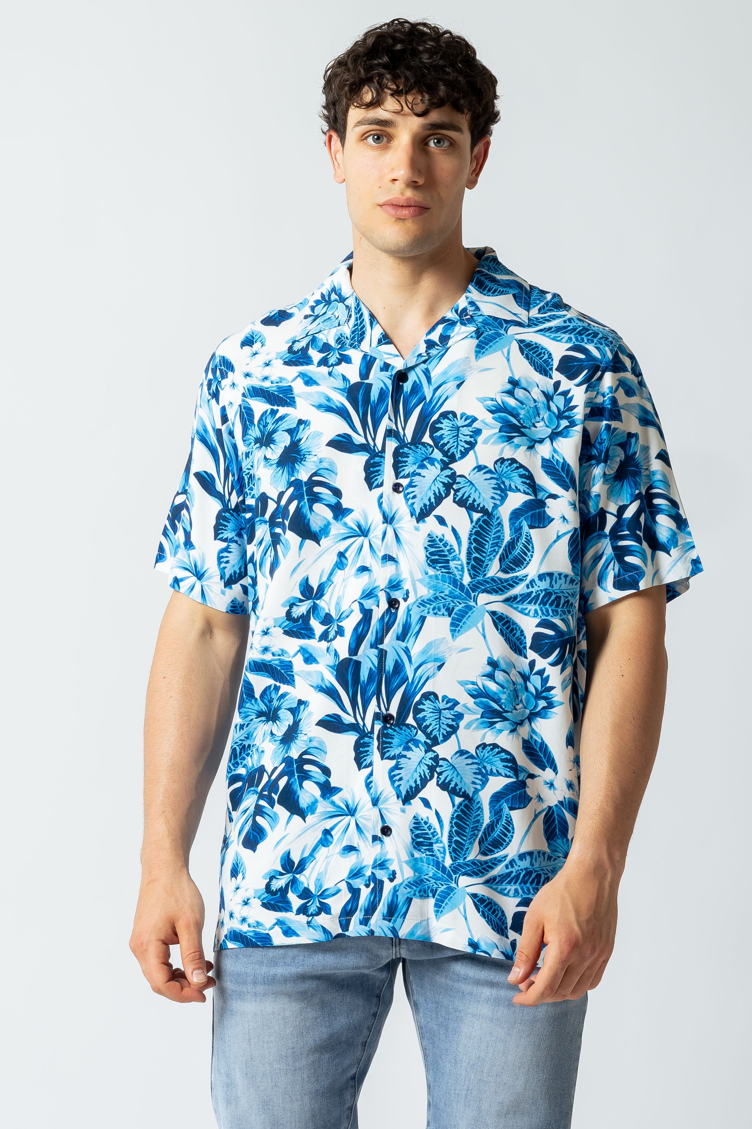 Camicia stampa Hawaiana monocolore|Colore:Bluette