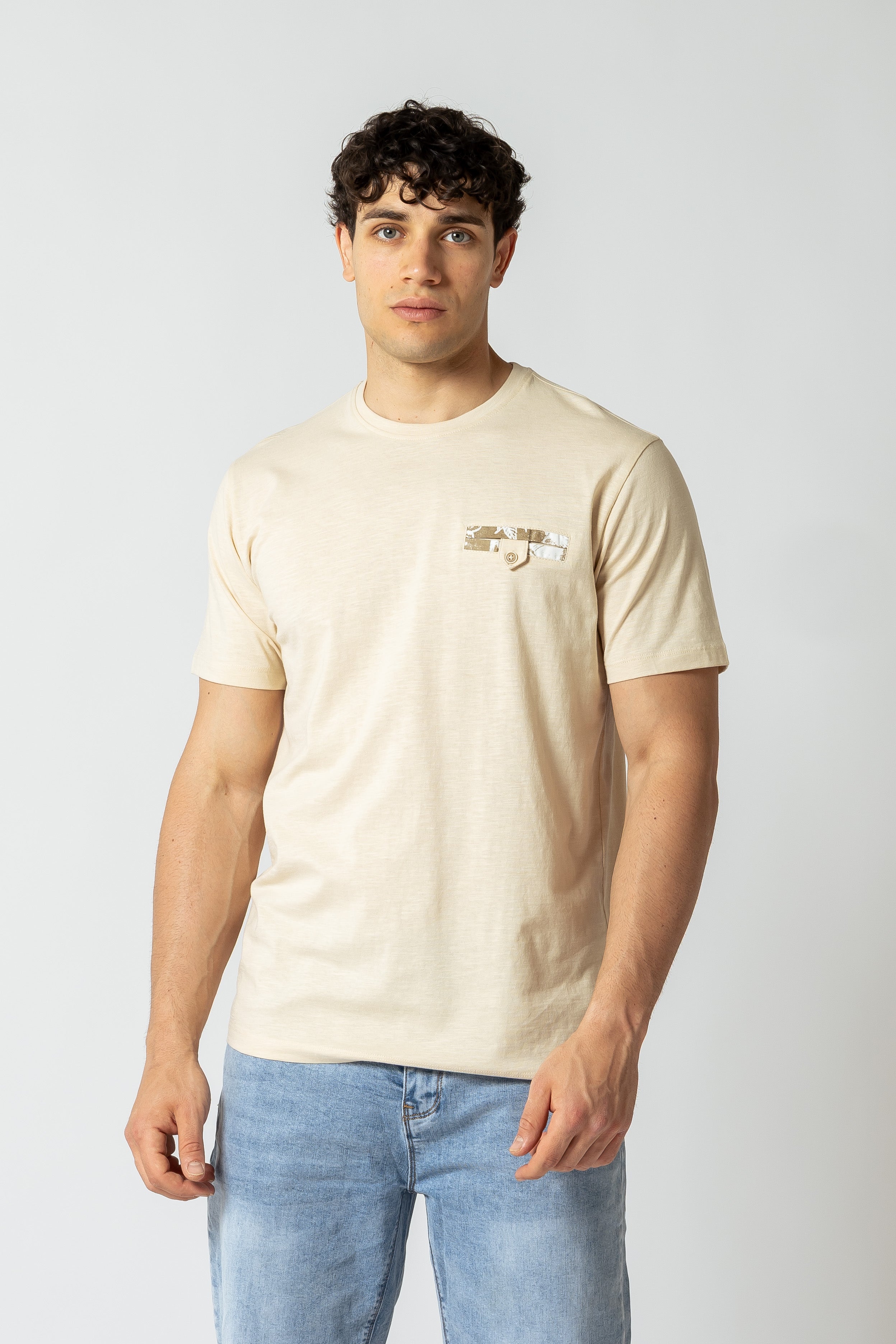 T- Shirt girocollo con taschino|Colore:Beige