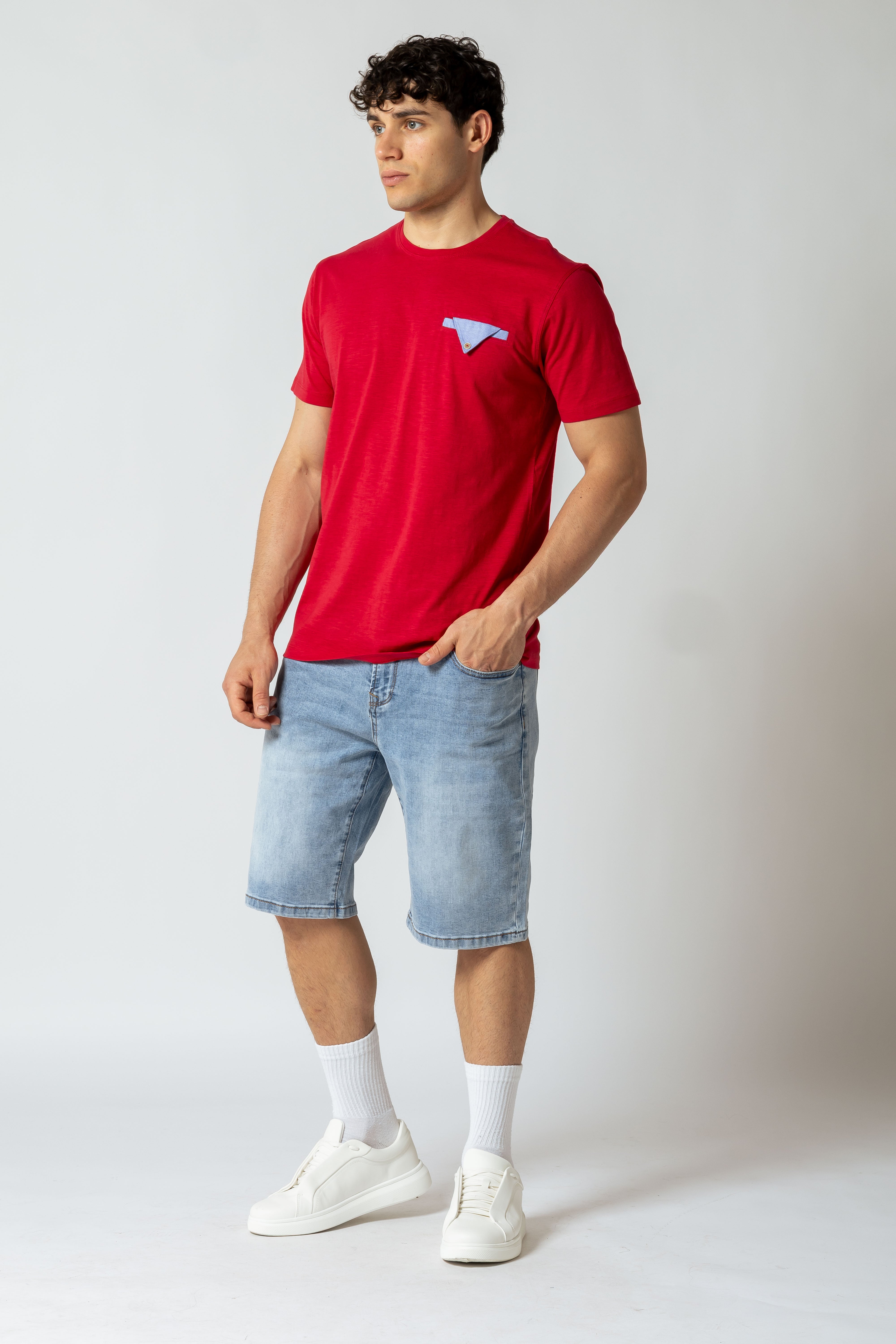 T-Shirt con inserto effetto chambray |Colore:Corallo
