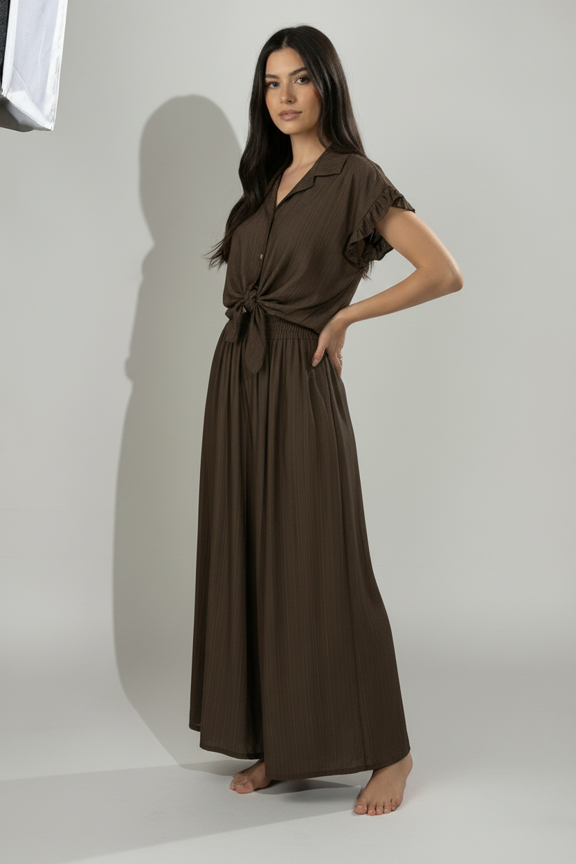 Pantalone con fascia alta a nido d'ape|Colore:Marrone