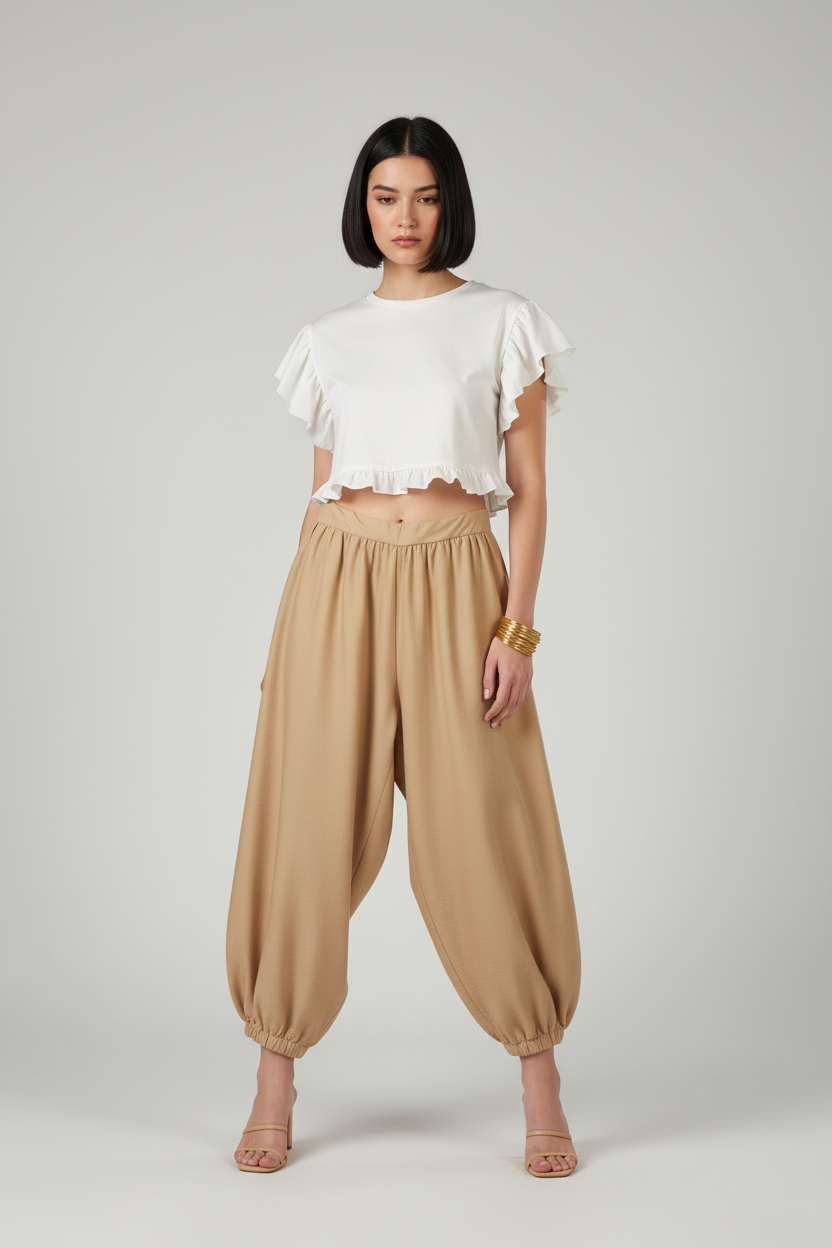 Pantalone harem con elastico alla caviglia|Colore:Miele