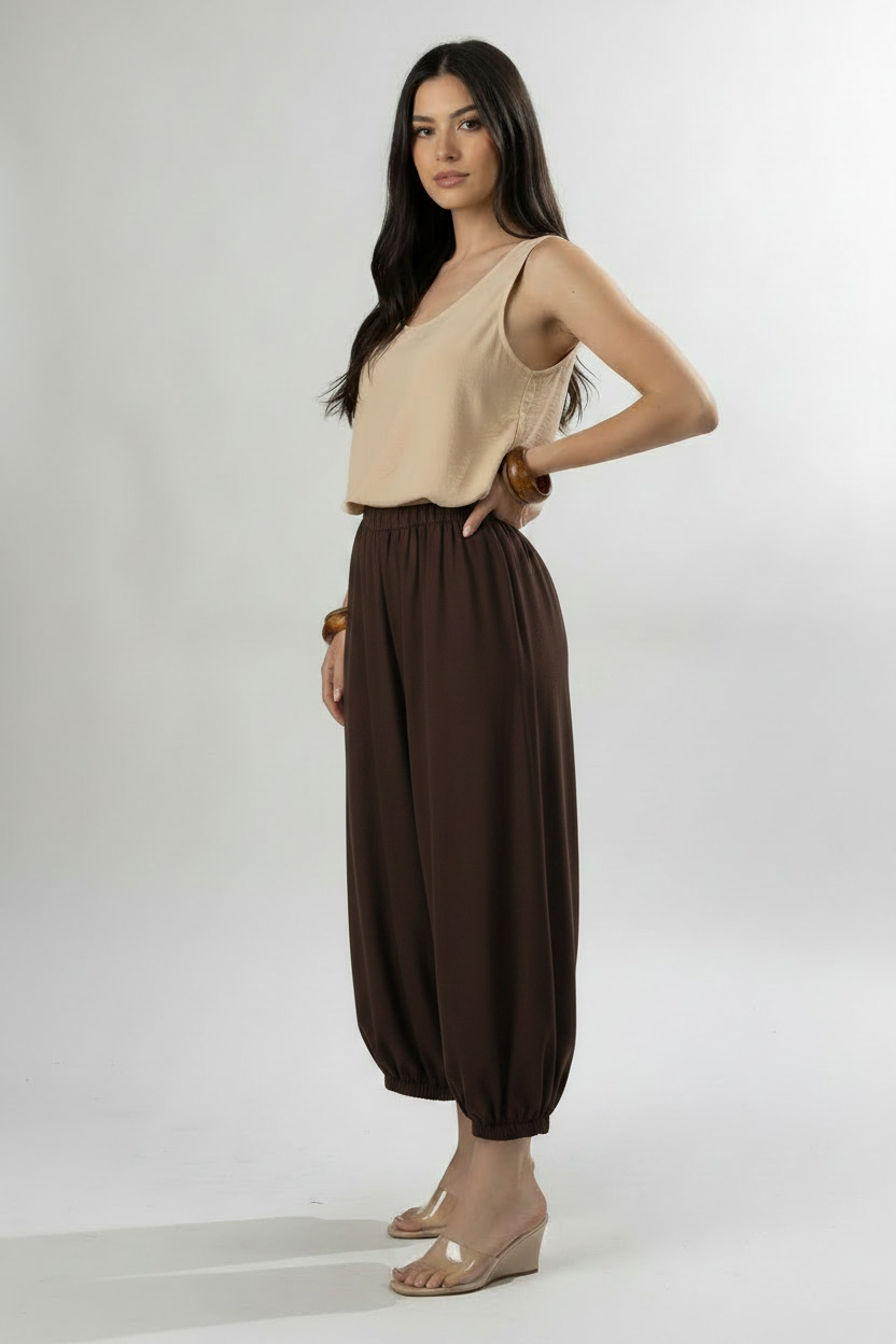 Pantalone harem con elastico alla caviglia|Colore:Caffe