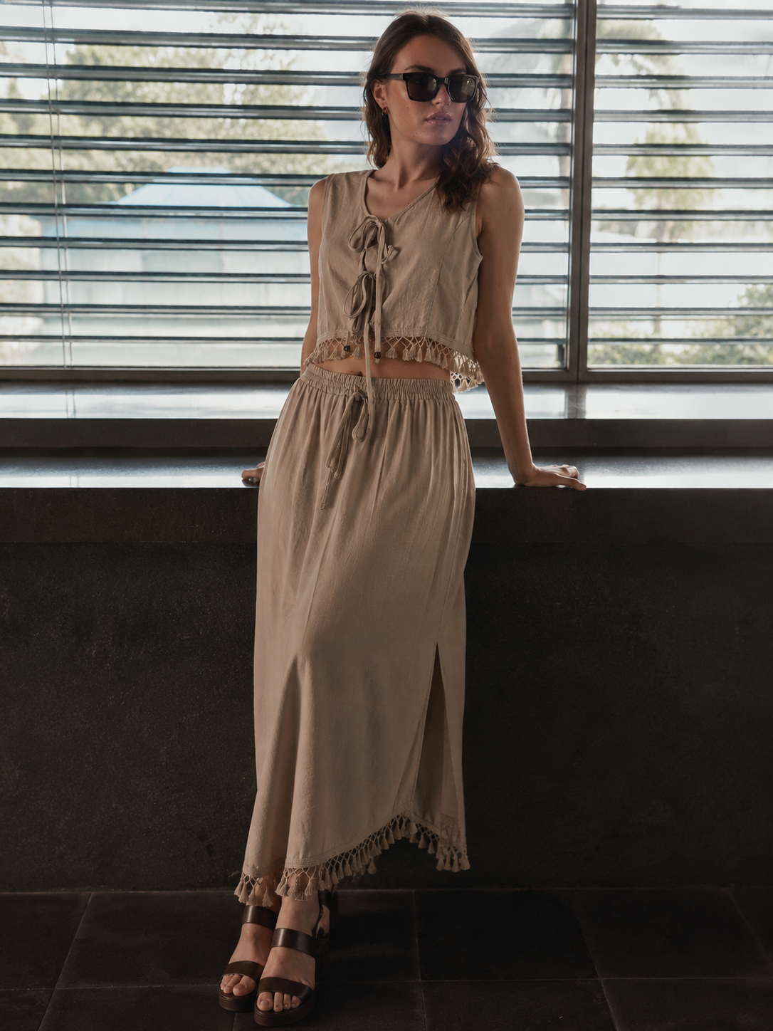 Gonna con nappine|Colore:Beige