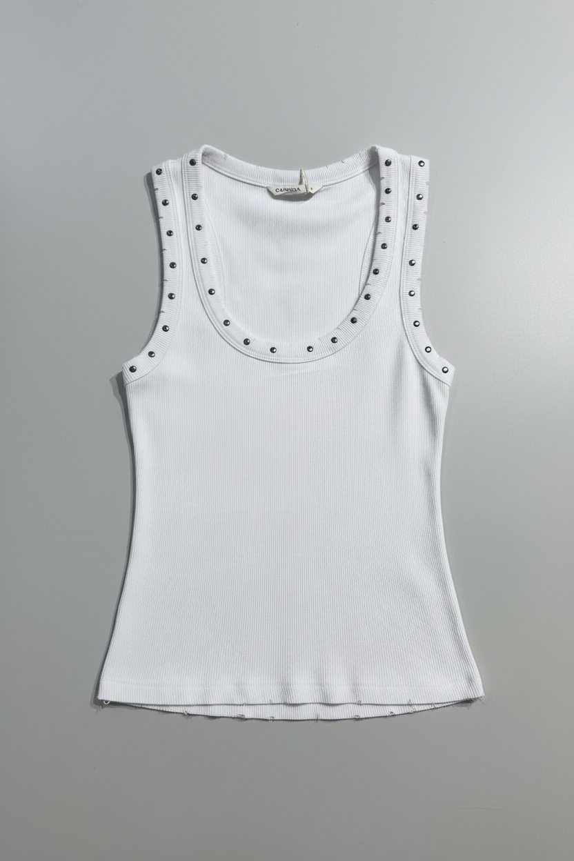 Canotta scollo a U con borchie|Colore:Bianco ottico
