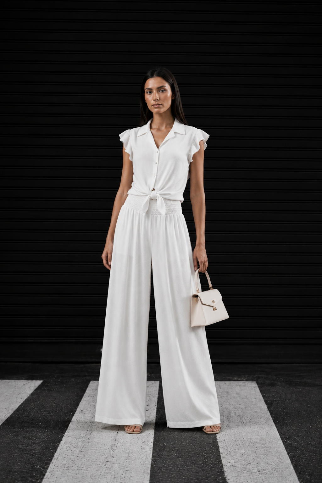 Pantalone con fascia alta a nido d'ape|Colore:Bianco
