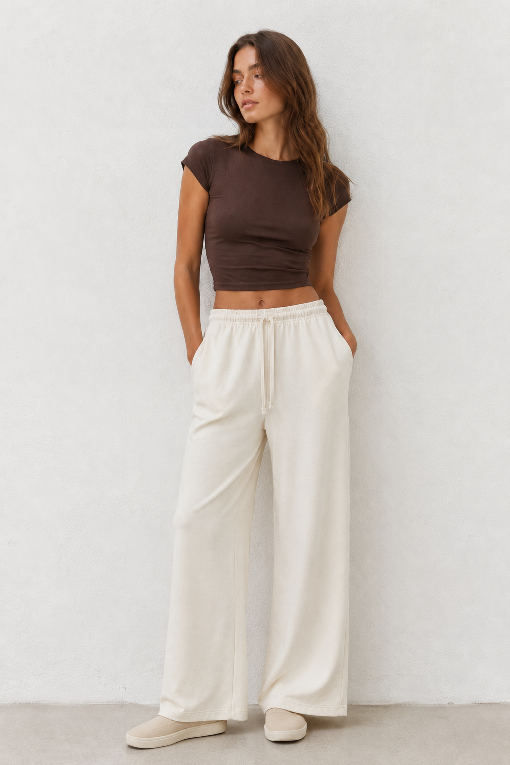 Pantafelpa Wide Leg coulisse minimal|Colore:Avorio