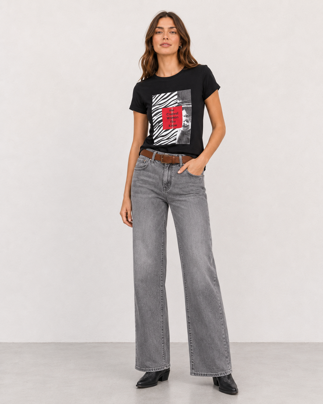 Jeans wide leg con cintura|Colore:Grigio chiaro