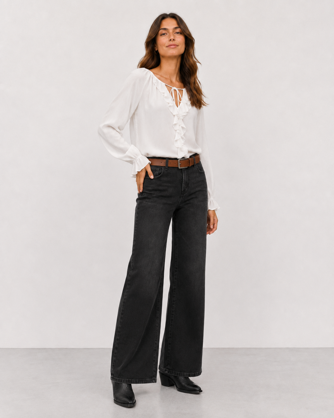 Jeans wide leg con cintura|Colore:Nero