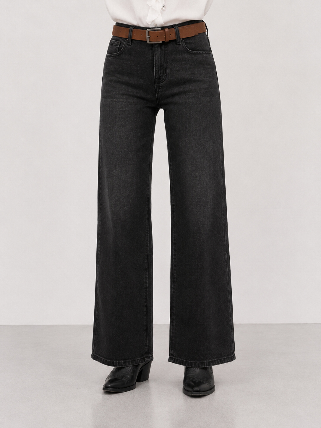 Jeans wide leg con cintura|Colore:Nero