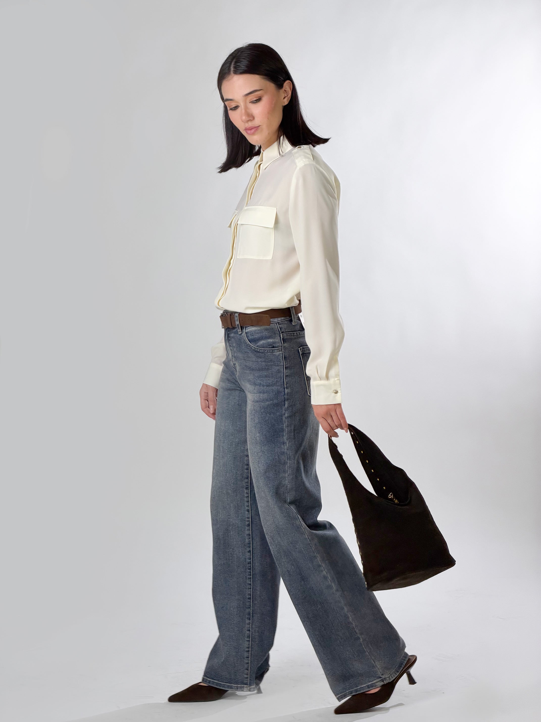 Jeans wide leg con cintura|Colore:Blue invecchiato