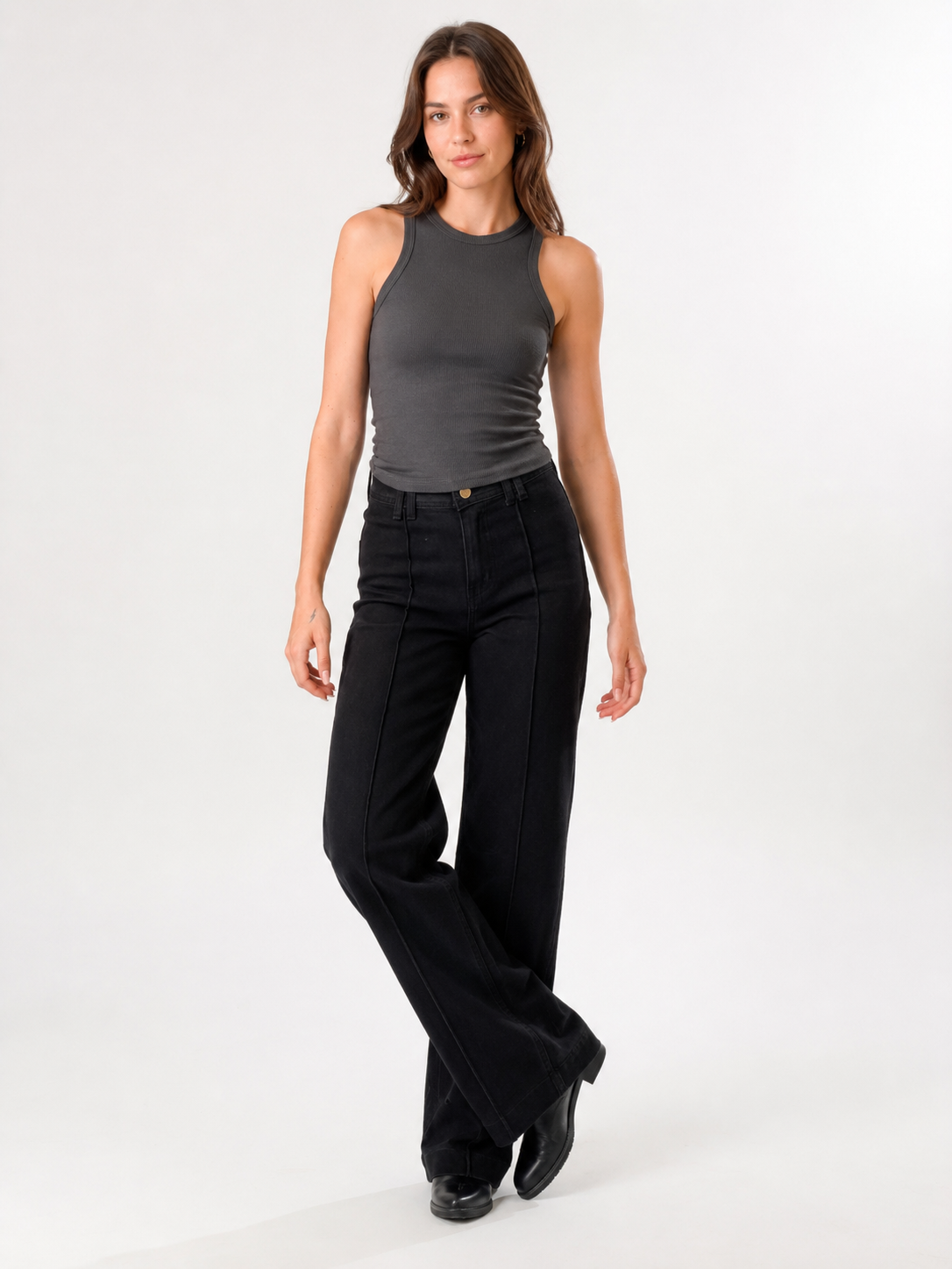 Jeans vita alta con cucitura centrale|Colore:Nero