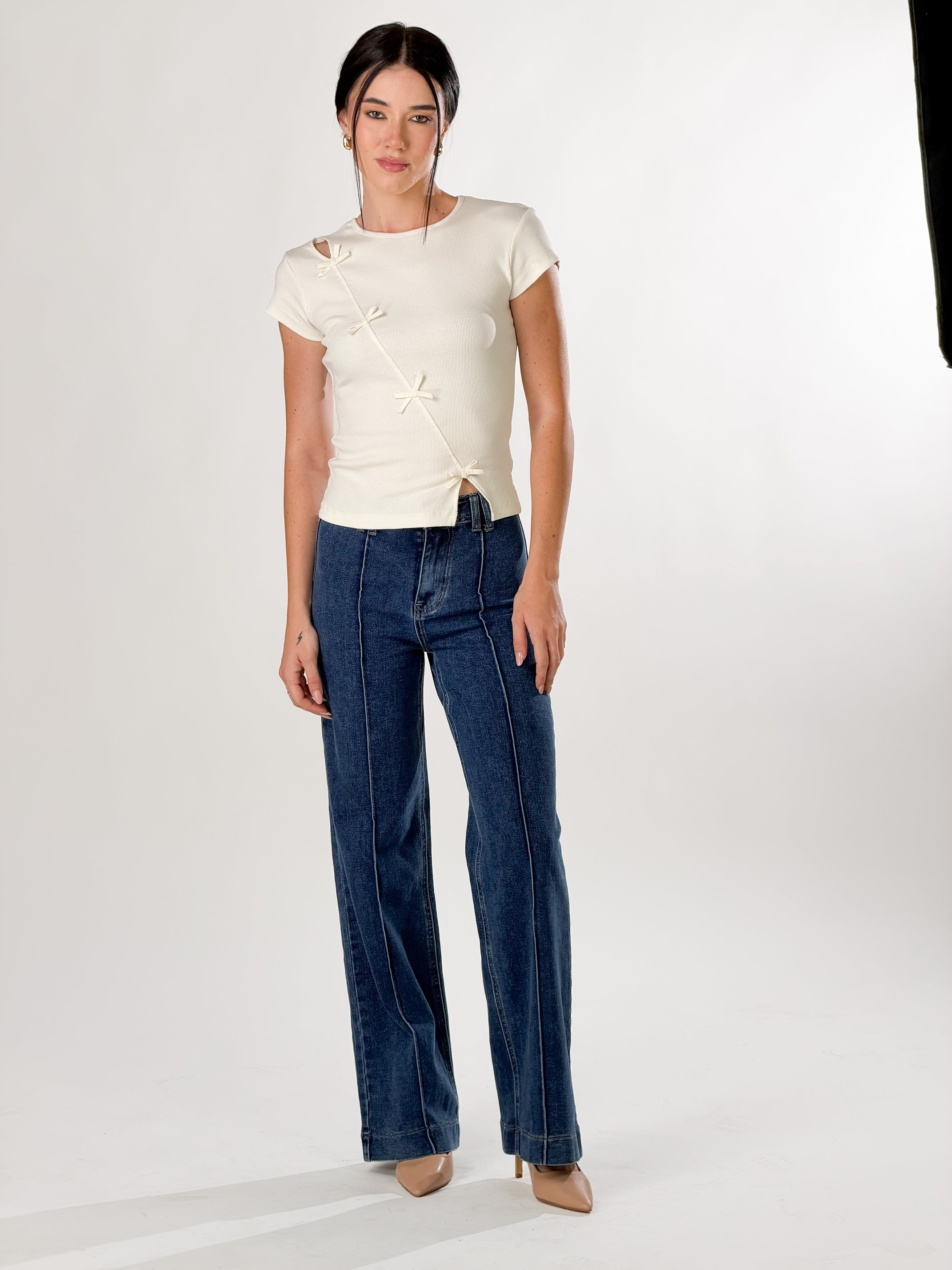 Jeans vita alta con cucitura centrale|Colore:Blu