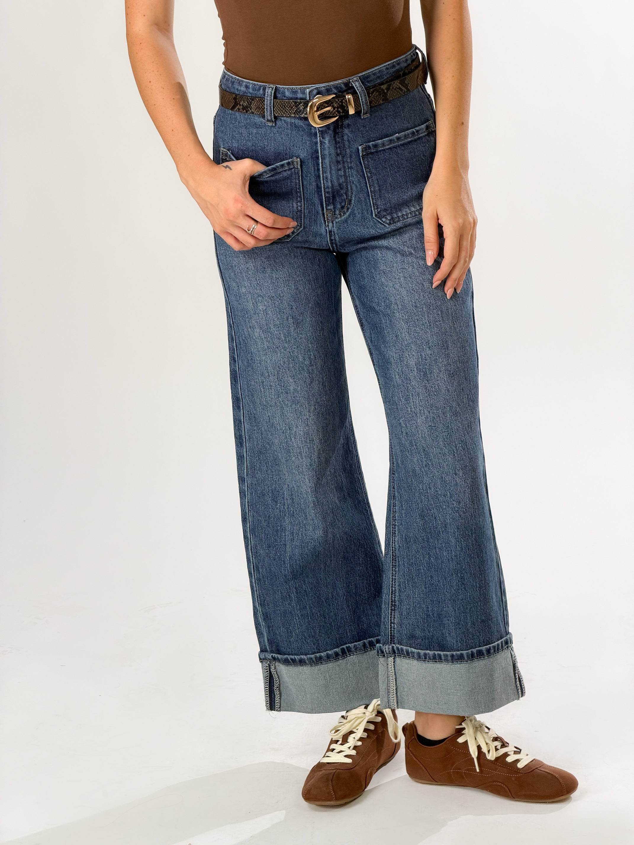 Jeans con risvolto|Colore:Blu medio