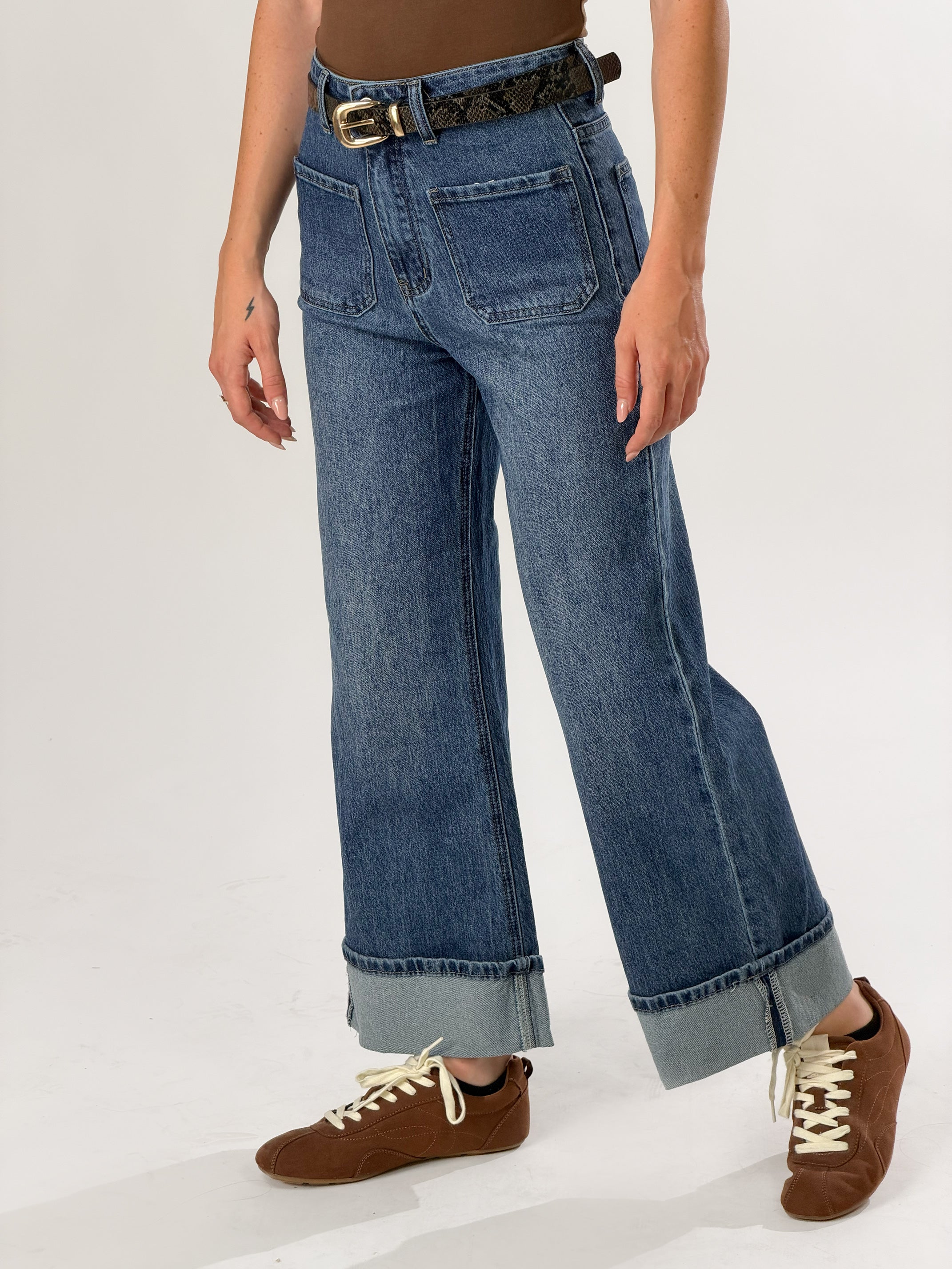 Jeans con risvolto|Colore:Blu medio