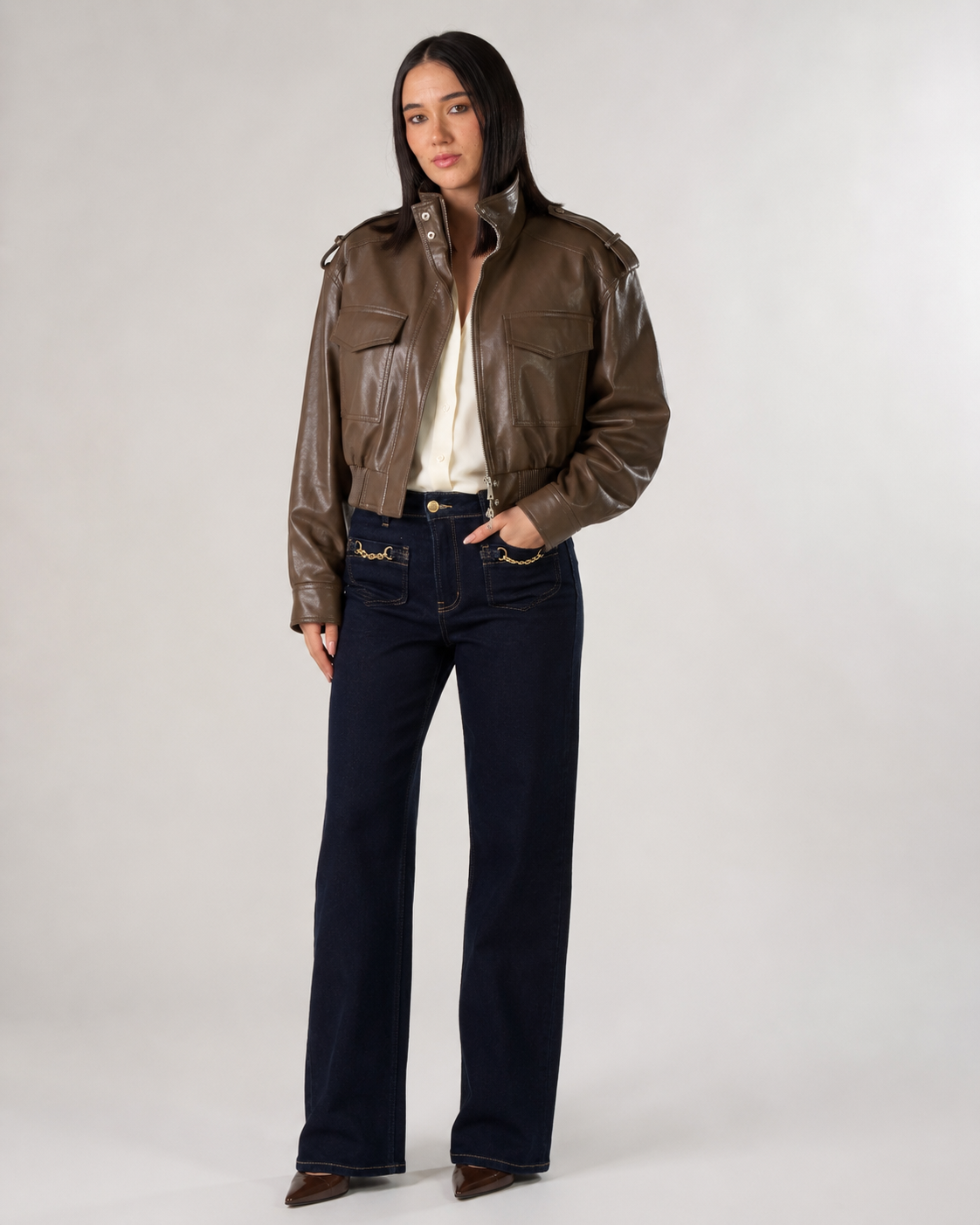 Bomber effetto pelle|Colore:Oliva