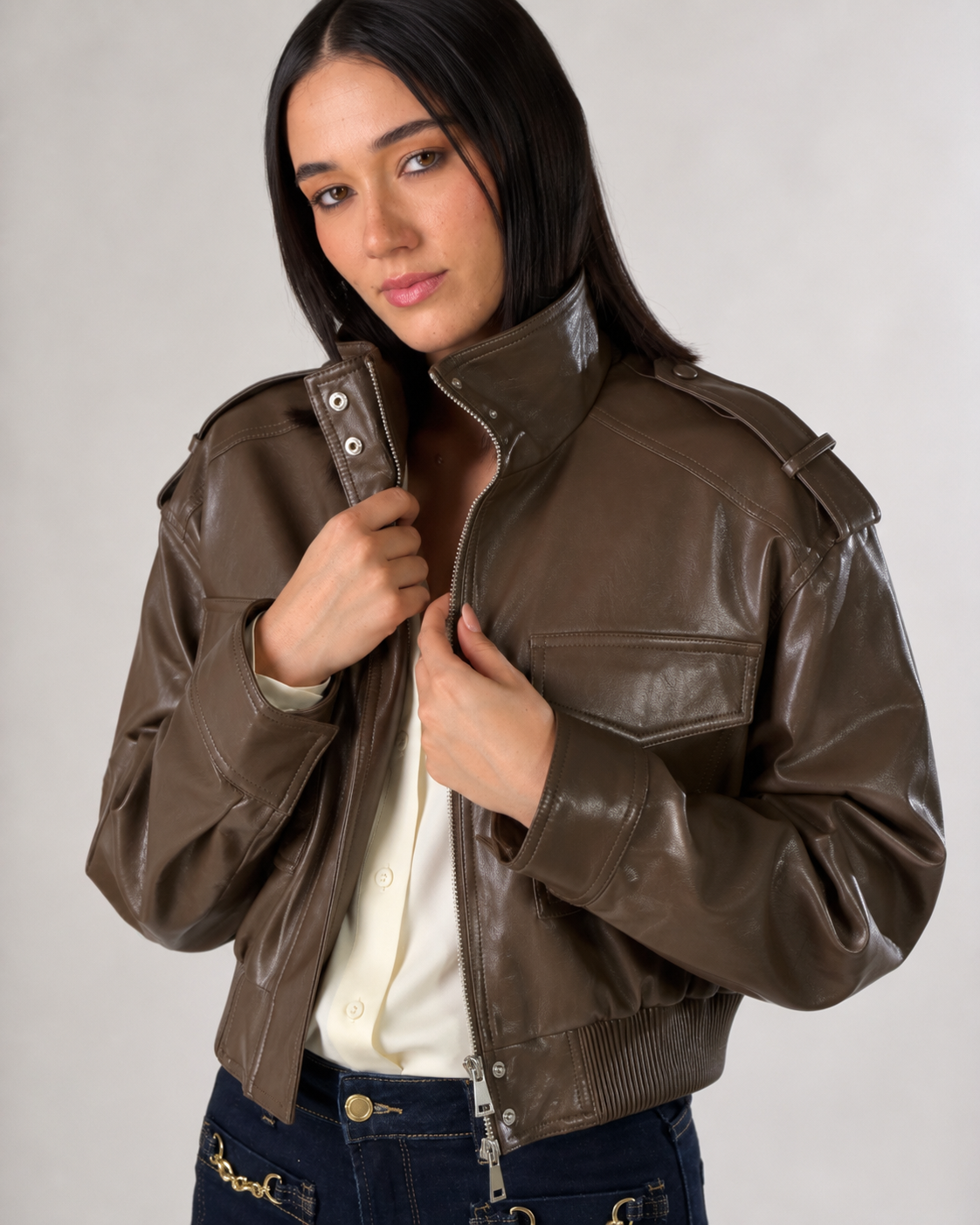 Bomber effetto pelle|Colore:Oliva