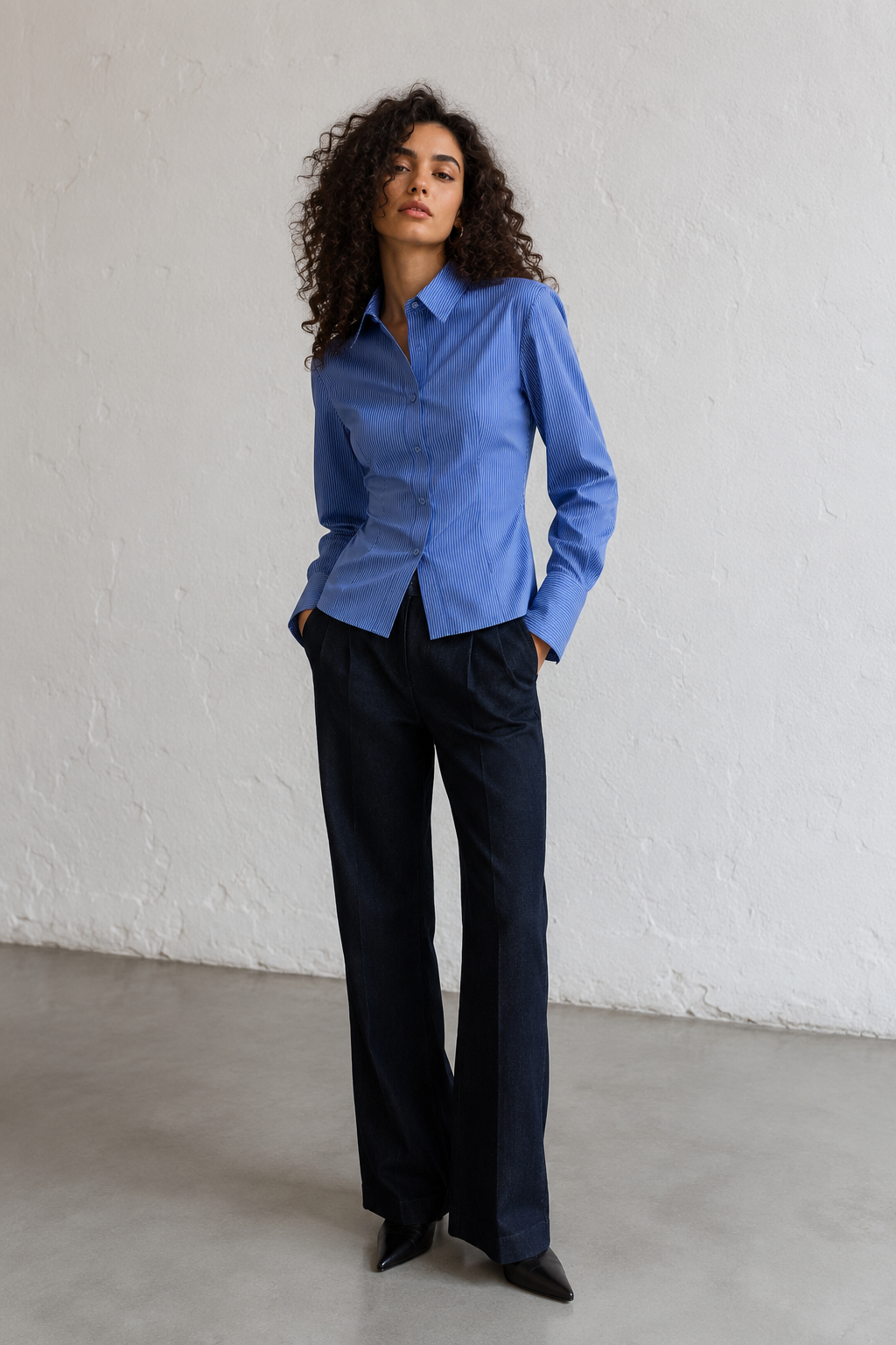 Camicia in cotone stretch|Colore:Bianco/celeste
