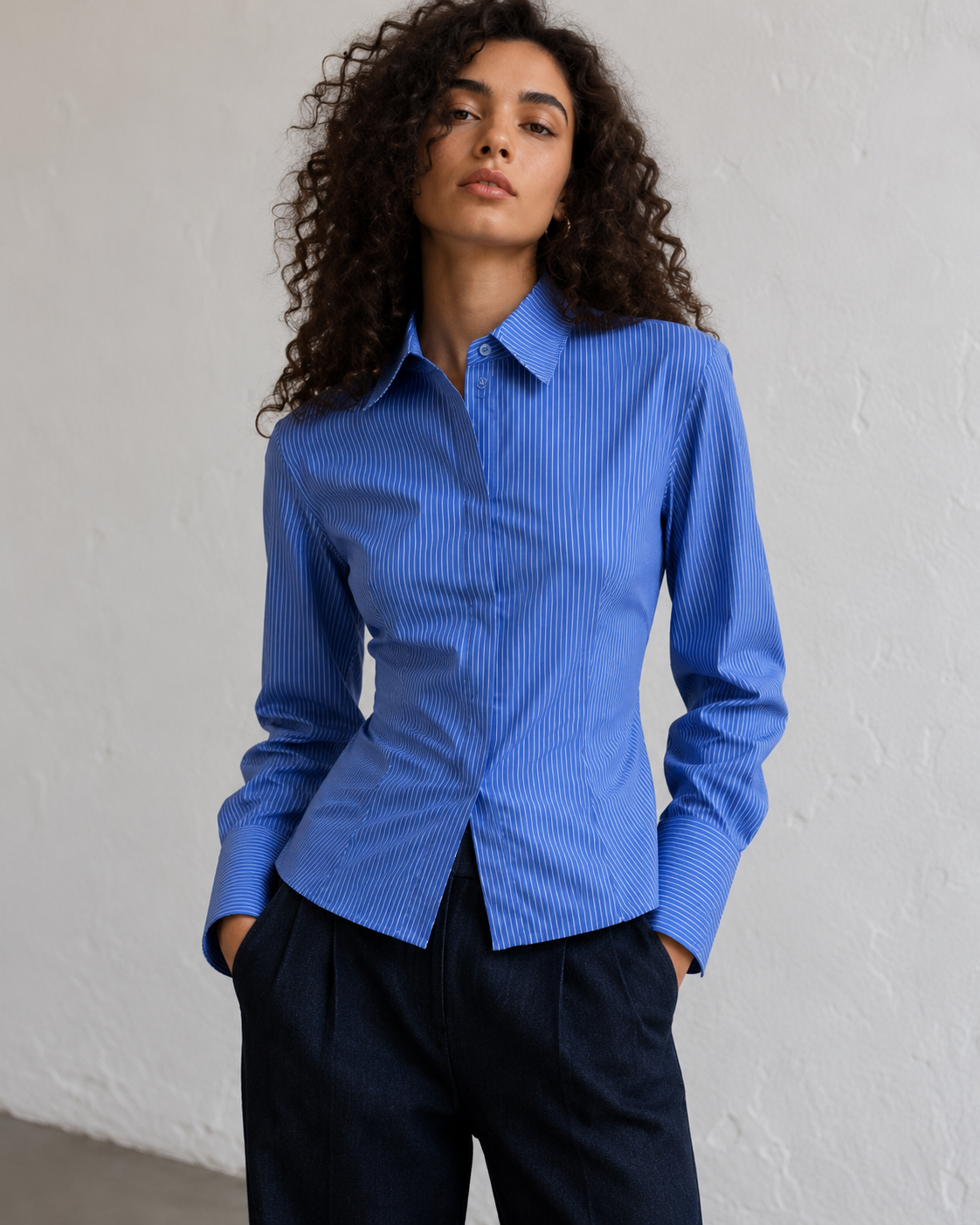 Camicia in cotone stretch|Colore:Bianco/celeste