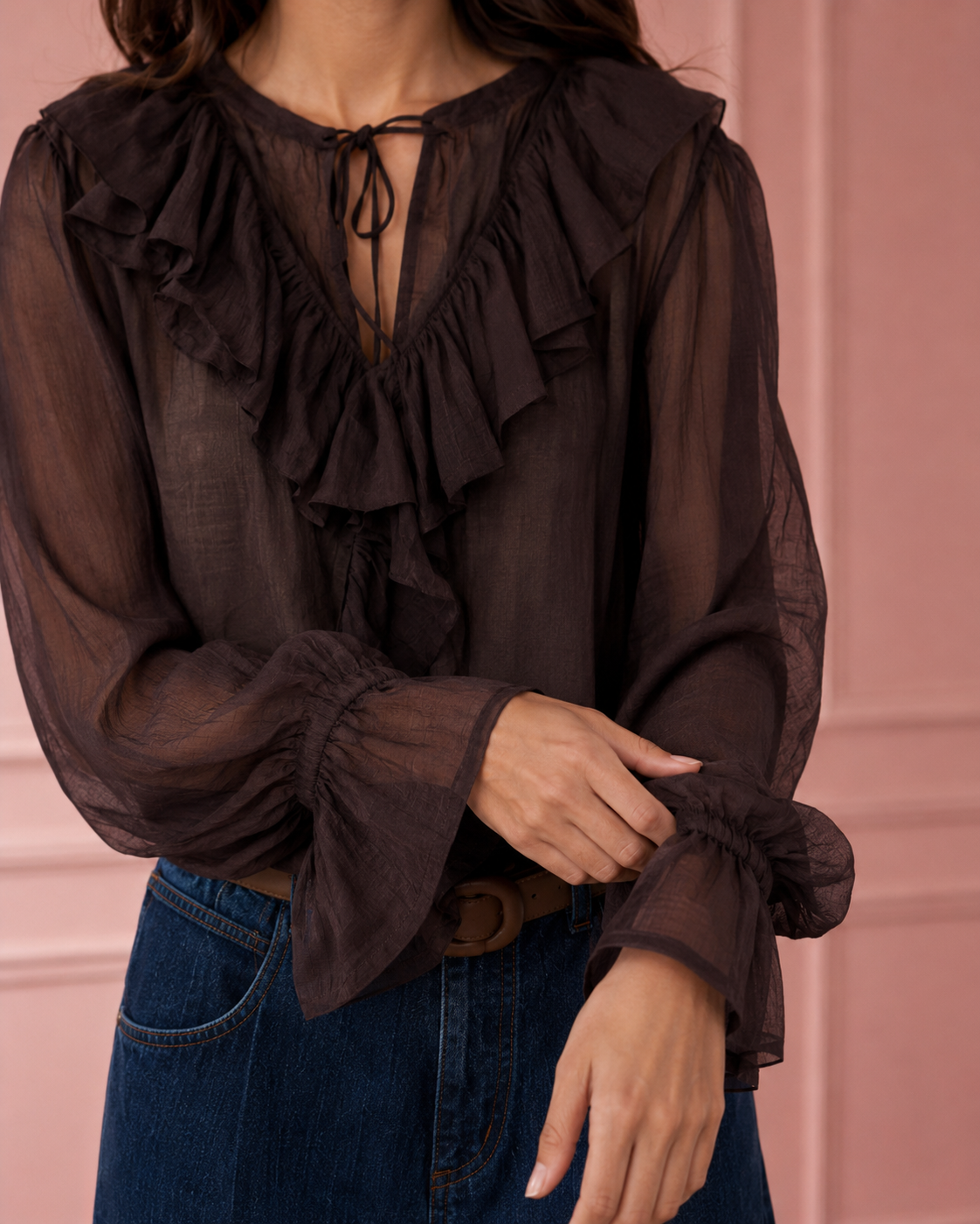 Blusa con volant in chiffon|Colore:Cioccolato