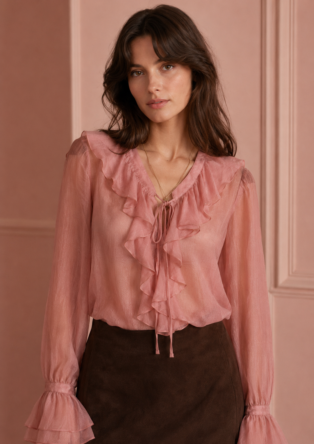 Blusa con volant in chiffon|Colore:Blush