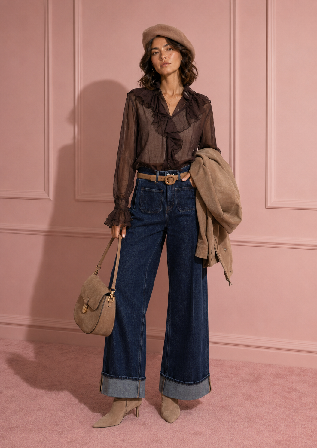 Blusa con volant in chiffon|Colore:Cioccolato